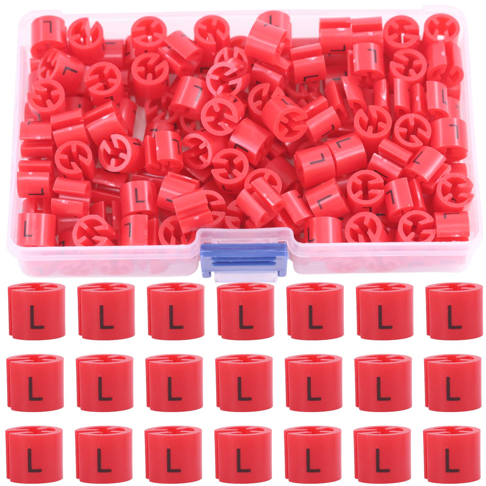 Swpeet 150-Piece Red Plastic Clothes Hanger Size Markers (Size L) - Color-Coded Garment Hanger Tags for Wire Hangers with Storage Box - Perfect for Retail Stores, Dry Cleaners & Home Closet Organization