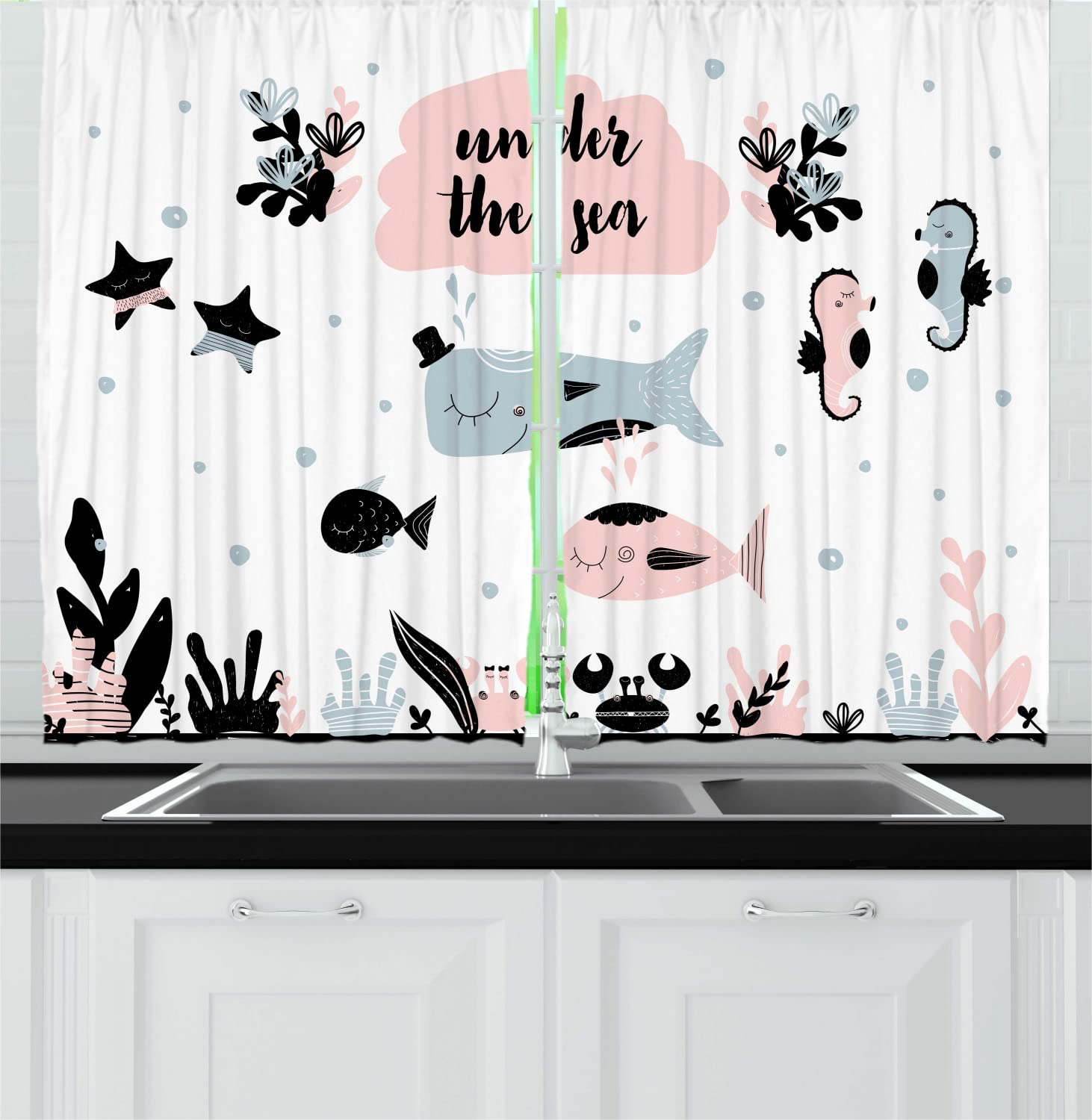 Ambesonne Animal & Under The Sea Cartoon Nursery Kitchen Curtains - 2 Panels, Rod Pocket, 55