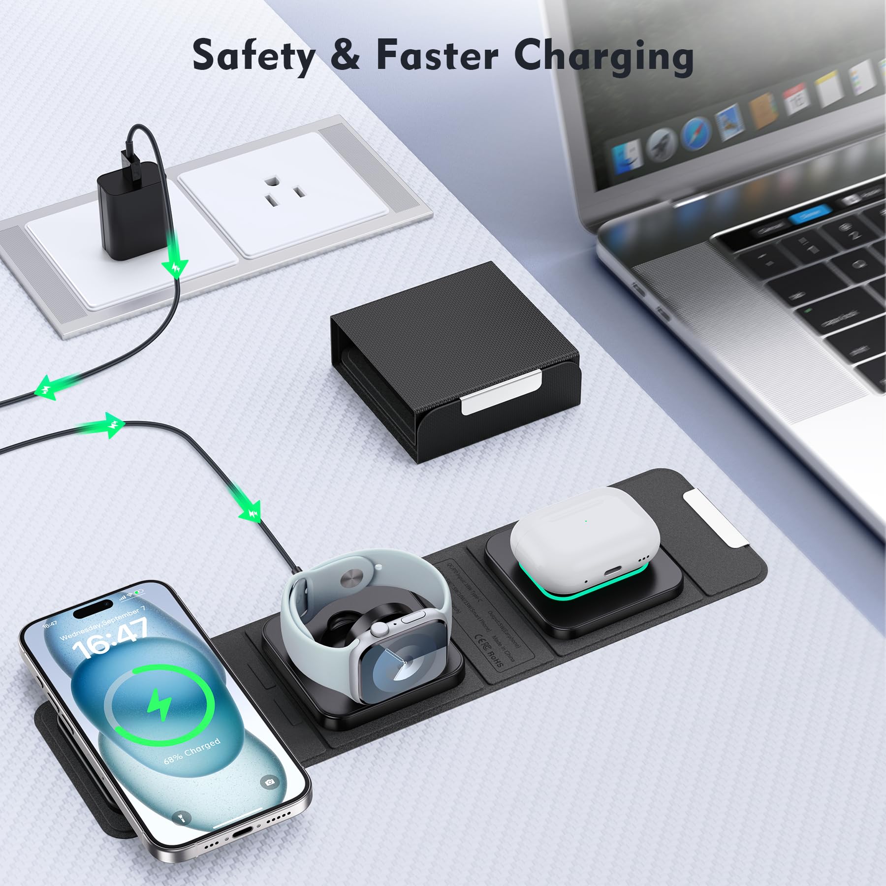 3-in-1 Magnetic Wireless Charging Station for iPhone 16/15/14/13/12 Pro Max & Apple Watch & AirPods | Foldable Travel Charger with MagSafe | Perfect for Home, Office & Car Use