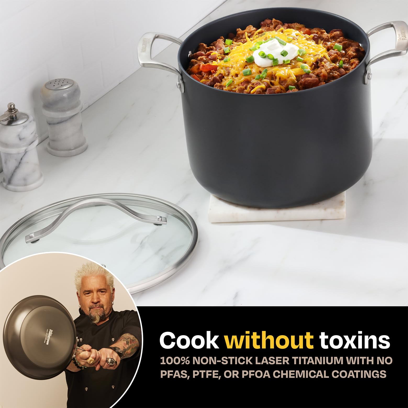 Guy Fieri's Flavortown Laser Titanium 8-Quart Stock Pot with Lid - PFAS Free Non-Stick Cookware, 3x More Durable, Dishwasher & Oven Safe - Perfect for Soups, Stews, Pasta & Large Family Cooking