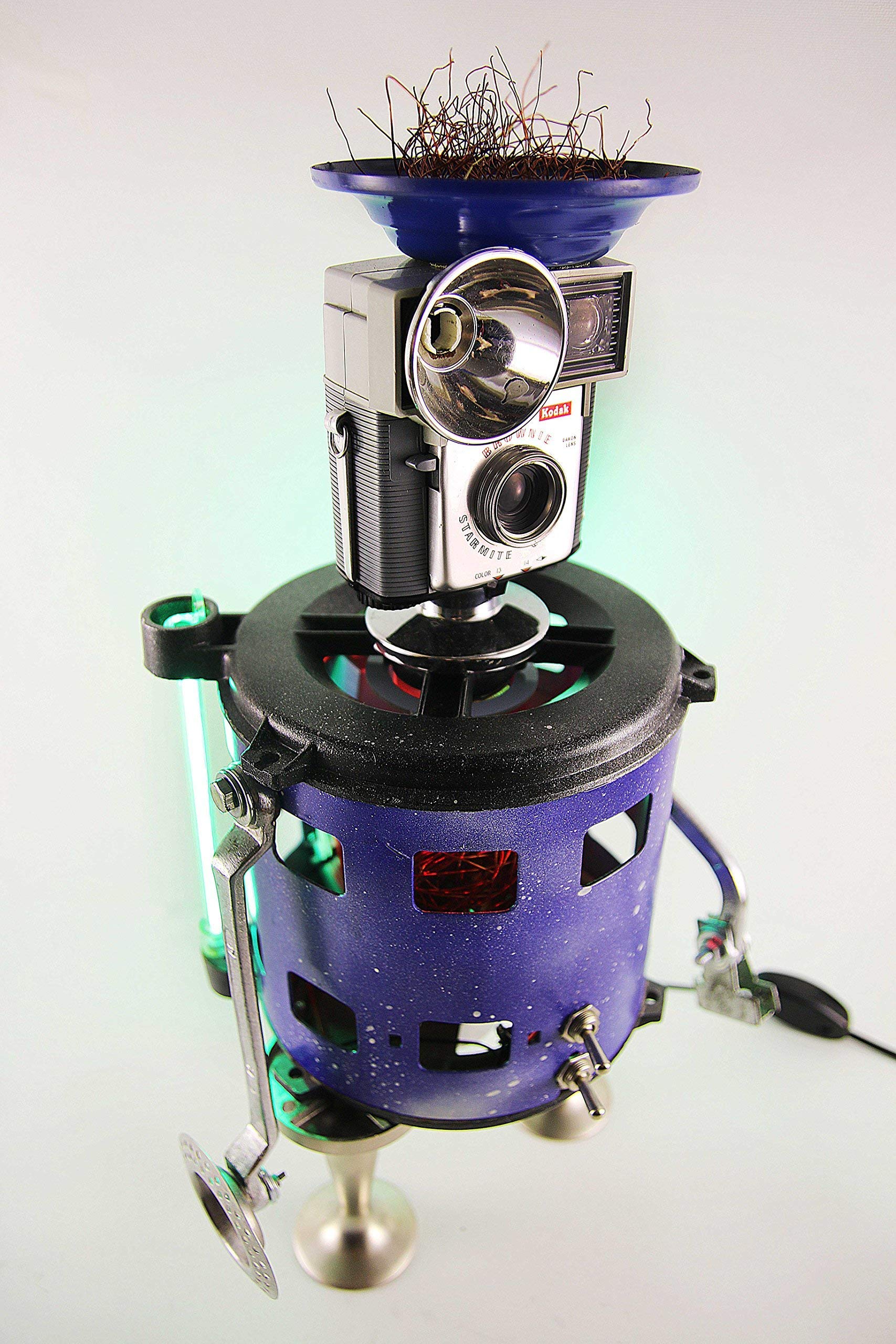 Steampunk Robot Sculpture Lamp - Unique Found Object Art with Night Light, Made from Recycled Materials - Perfect for Home Decor, Office Desk & Gift Ideas