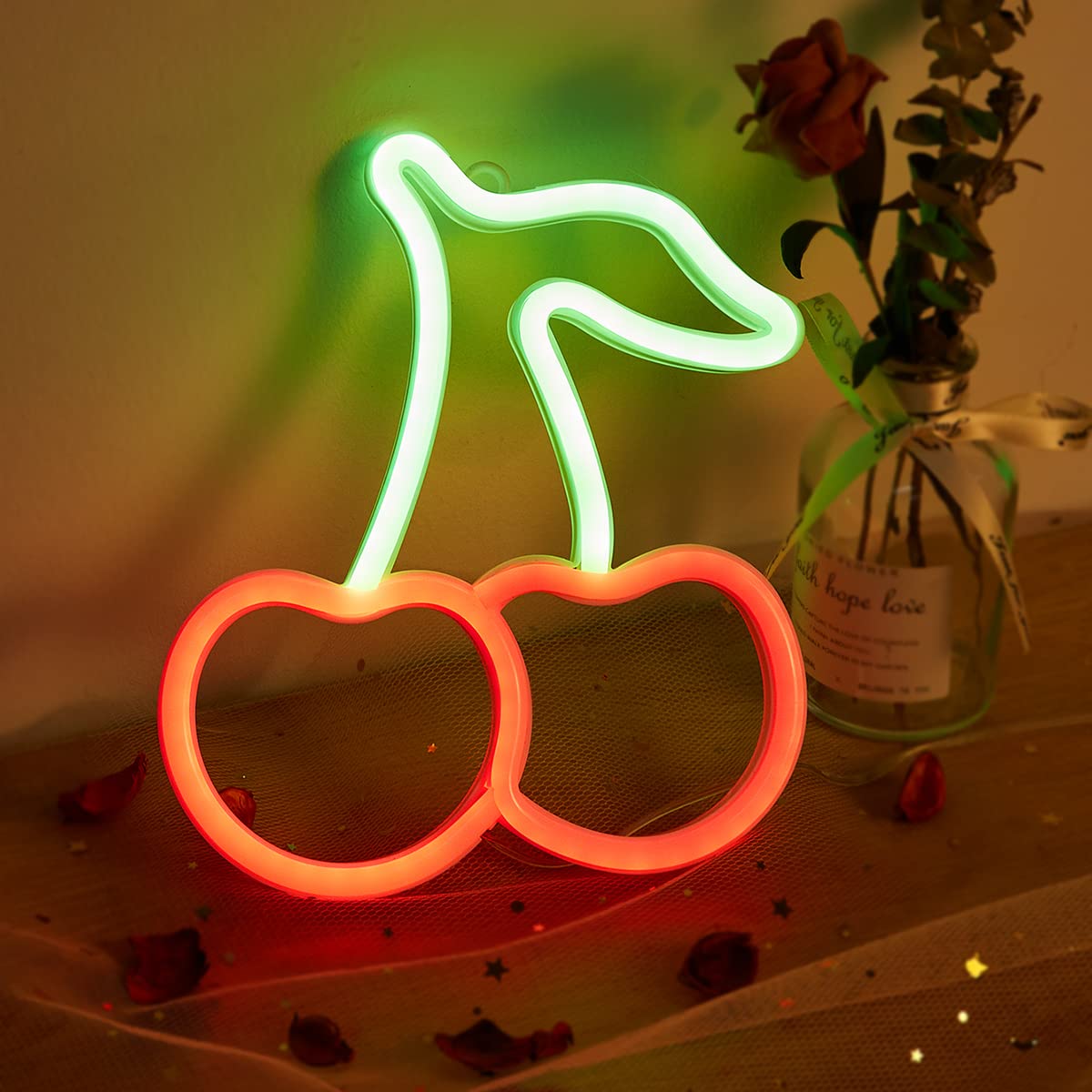 **LED Cherry Neon Light Sign - USB/Battery Powered 3D Wall Art Lamp for Bedroom, Living Room, Kids Room Decor - Perfect Night Light & Holiday Gift for Girls, Children (Red)**    *(Ideal for Birthday Parties, Nursery Decor, Teen Room Aesthetics & Cozy Ambiance Lighting)*