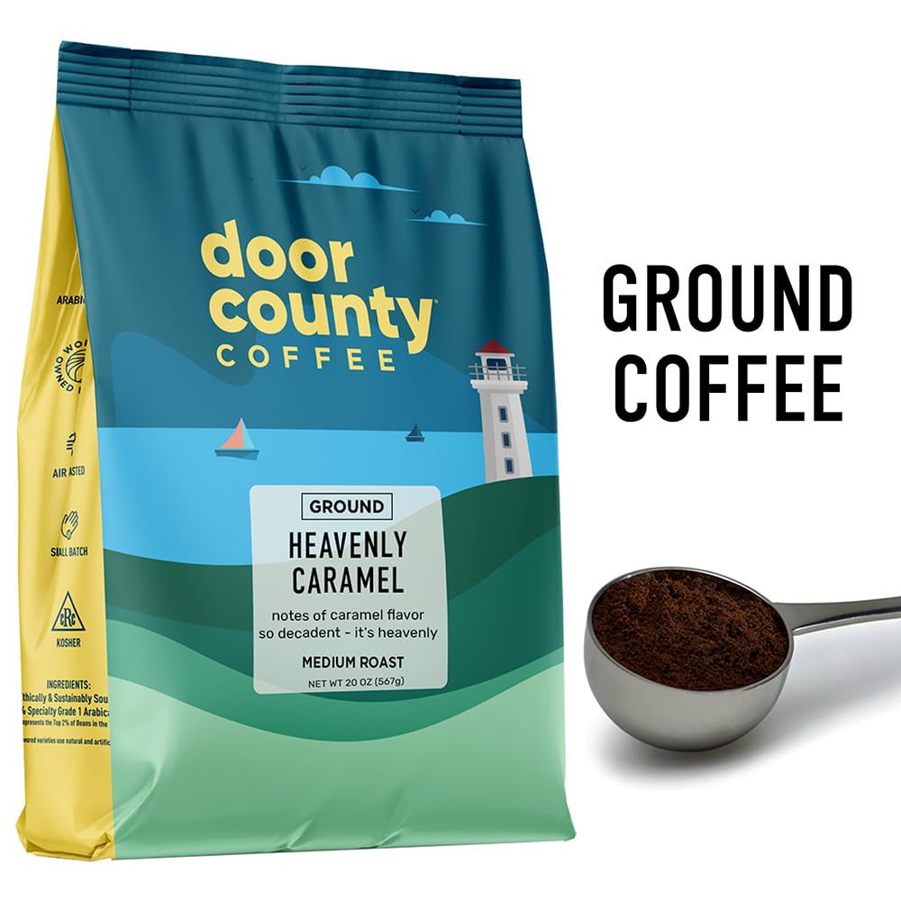 Heavenly Caramel Flavored Ground Coffee - Sweet & Buttery Medium Roast (20 oz Bag) | Door County Coffee | Perfect for Morning Brews & Afternoon Treats