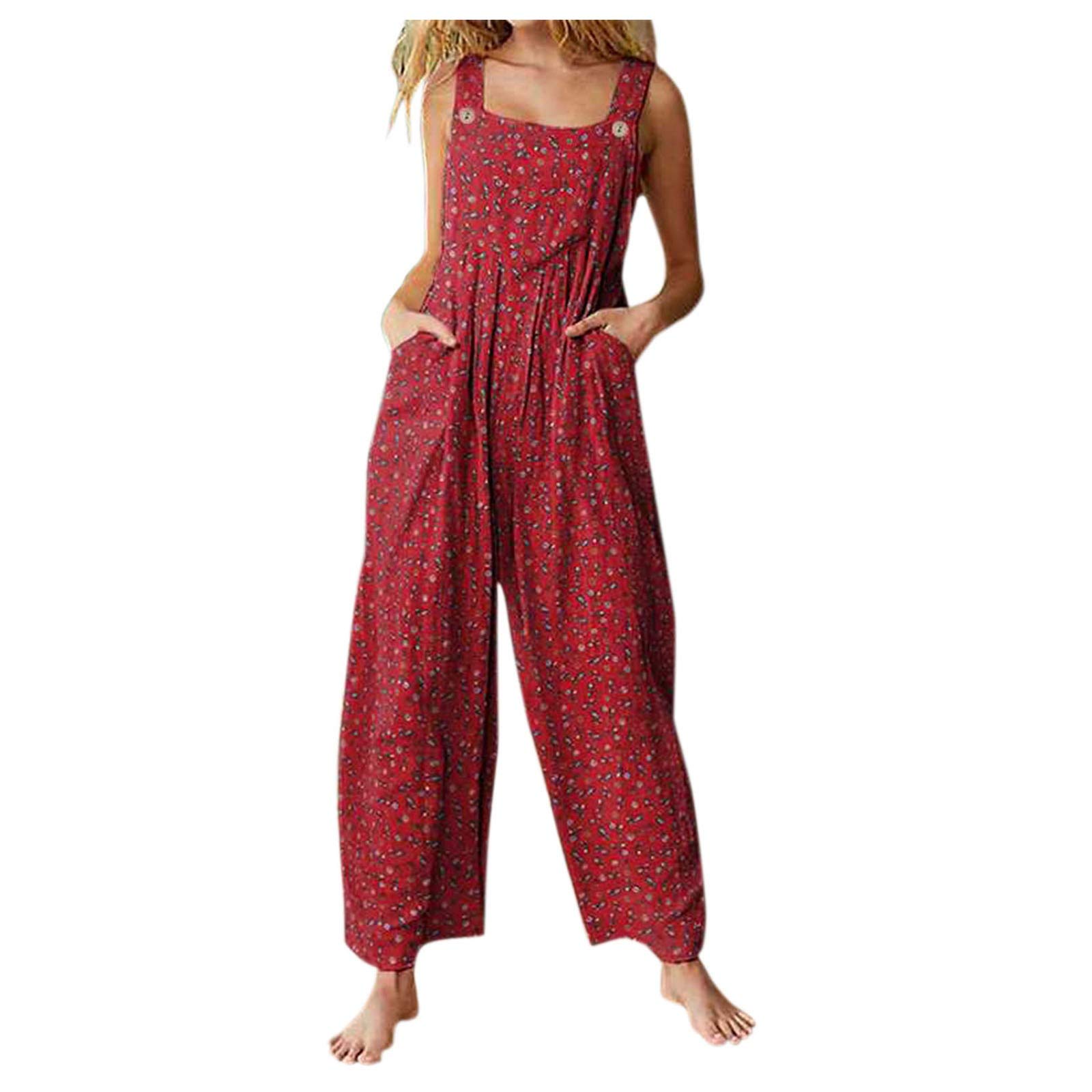 Women's Floral Print Vintage Jumpsuit - Casual Loose Romper with Wide Leg & Pockets | Summer Beach Wear, Outdoor Travel Outfit, Boho Chic Fashion