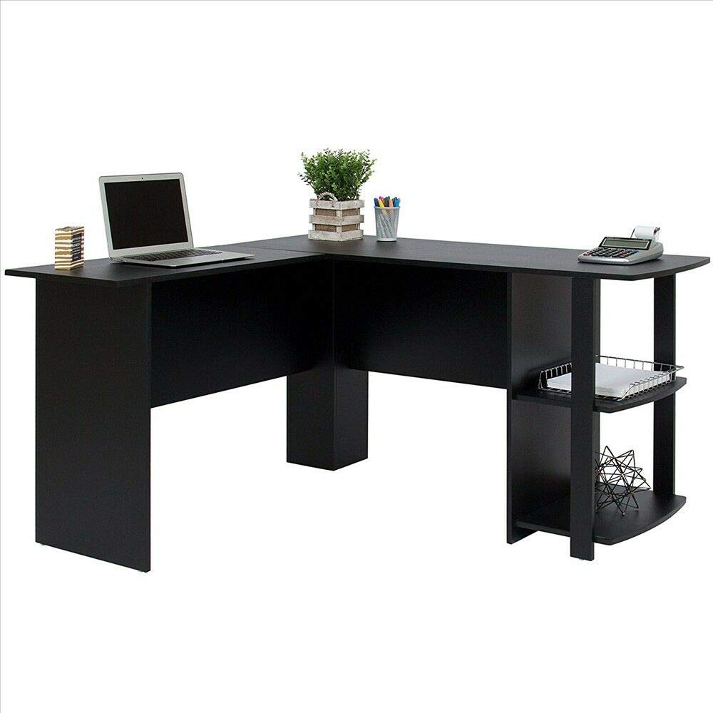 Black L-Shaped Computer Desk with 2-Tier Bookshelf - Large Workstation for Laptop, PC & Study - Perfect for Home Office, Bedroom, Dorm or Living Room - Ideal for Remote Work, Gaming & Online Learning