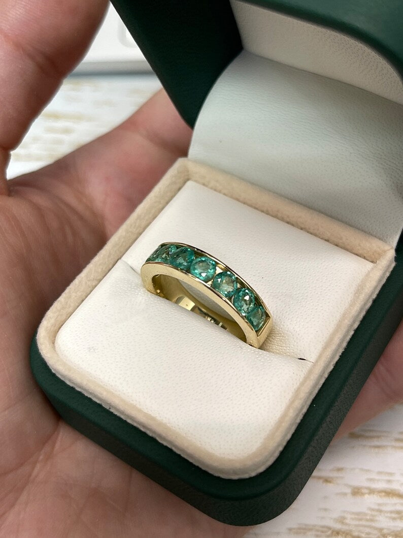 2.30tcw 14K Gold Round Cut Emerald Channel Wedding Band Ring for Men & Women - Perfect for Engagement, Anniversary, and Everyday Wear