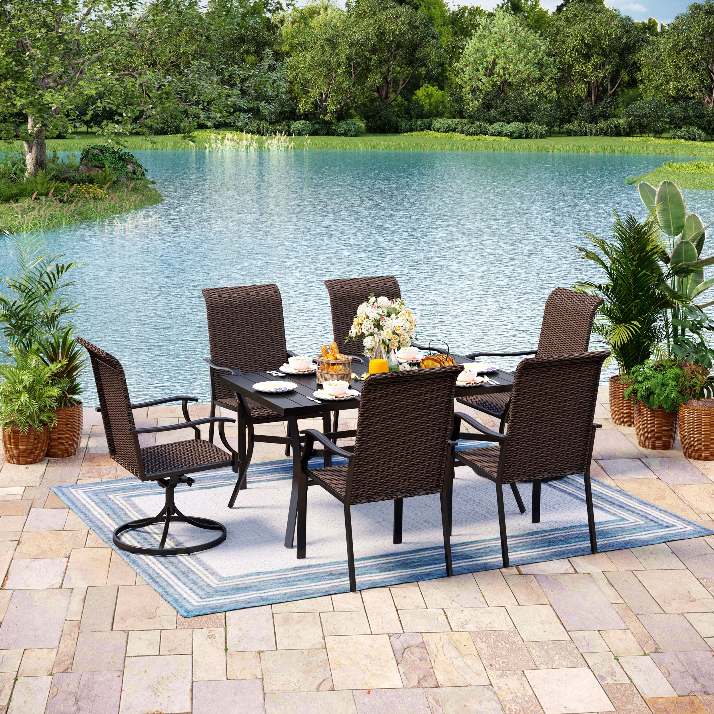 7-Piece Outdoor Patio Dining Set with 6 Rattan Chairs (2 Swivel) & Metal Table - Perfect for Garden, Backyard, Poolside & Outdoor Entertaining