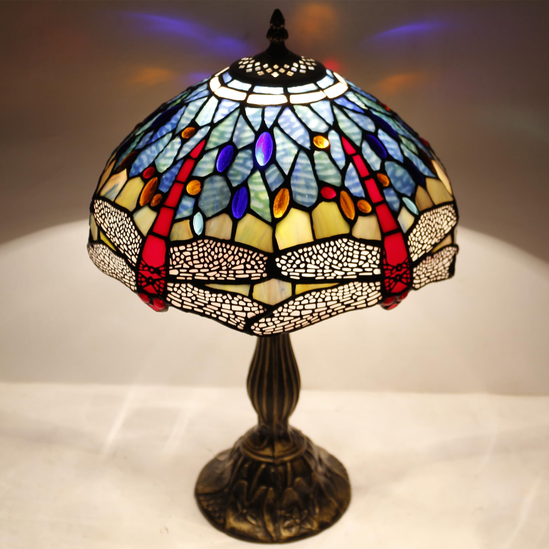 WERFACTORY Tiffany Style Stained Glass Dragonfly Table Lamp - Blue & Red Handcrafted Bedside Reading Light, 12x12x18 Inches - Perfect for Bedroom Nightstand, Living Room Decor & Home Office (S688 Series)