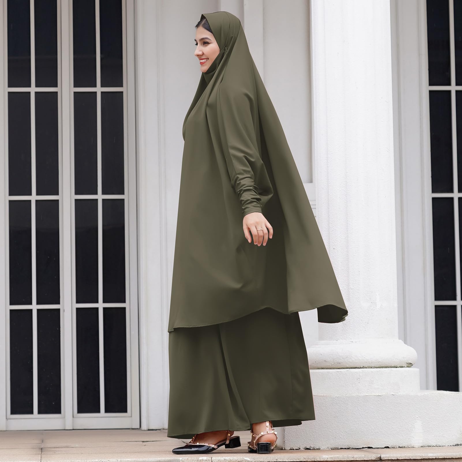 Islamic Modest Prayer Dress for Women - Full Cover Long Khimar Skirt & Hijab Abaya Set | 2-Piece Muslim Kaftan with Niqab | Long Sleeve Middle Eastern Dubai Style | Perfect for Prayer, Mosque & Special Occasions | Army Green