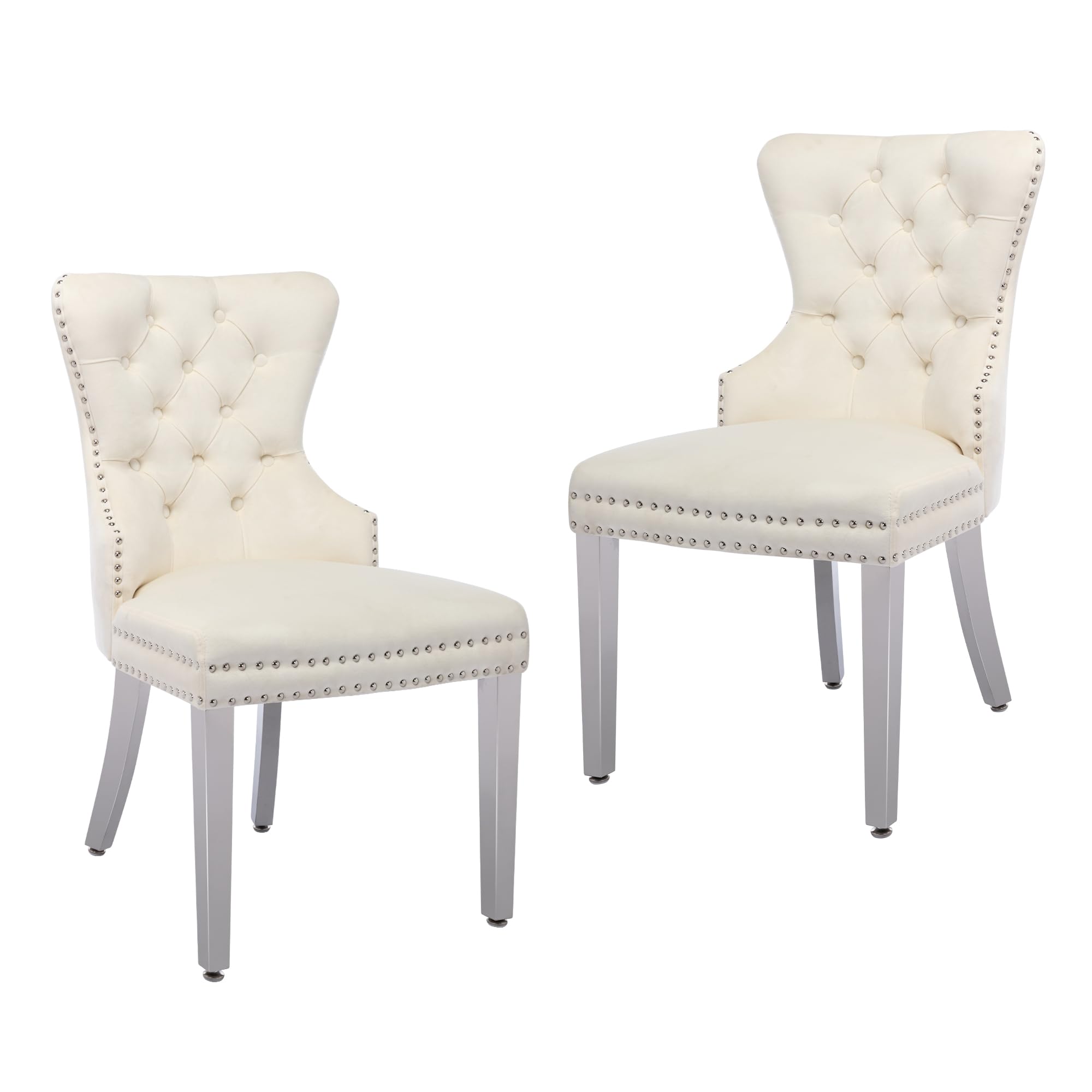 Luxury Velvet Dining Chairs Set of 2 - Tufted Upholstered Dining Room Chairs with Stainless Steel Legs & Ring Pull Design, Beige - Perfect for Modern Dining Rooms, Kitchen Breakfast Nooks & Elegant Home Decor