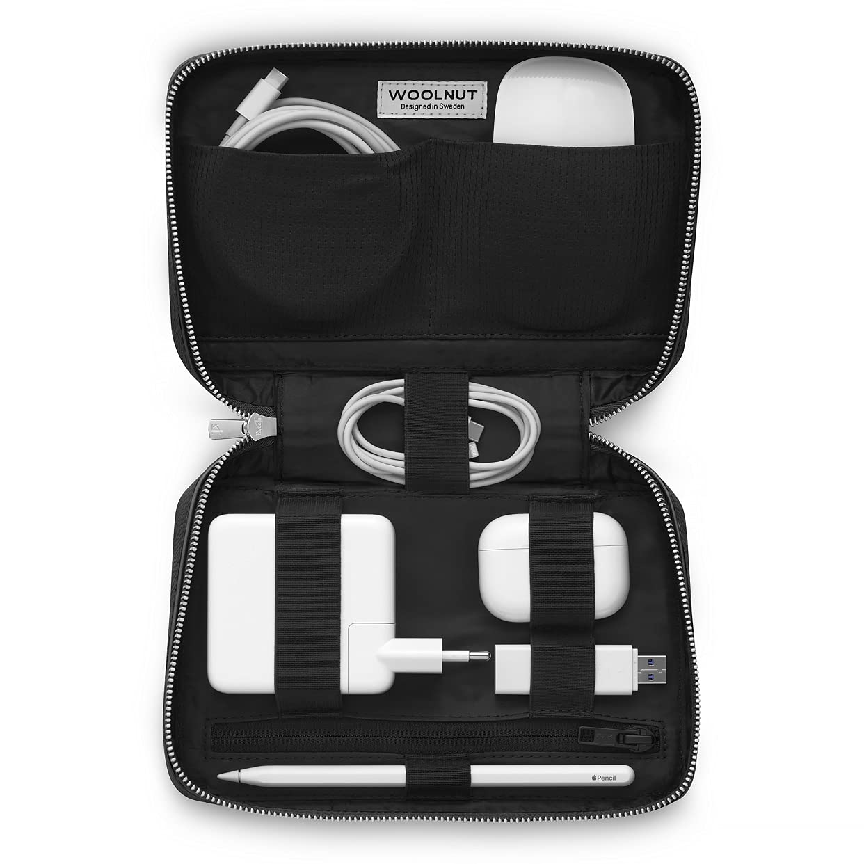 Premium WOOLNUT Genuine Leather Tech Organizer for MacBook, iPad & Accessories - Sleek Black - Perfect for Office, Travel & Daily Organization