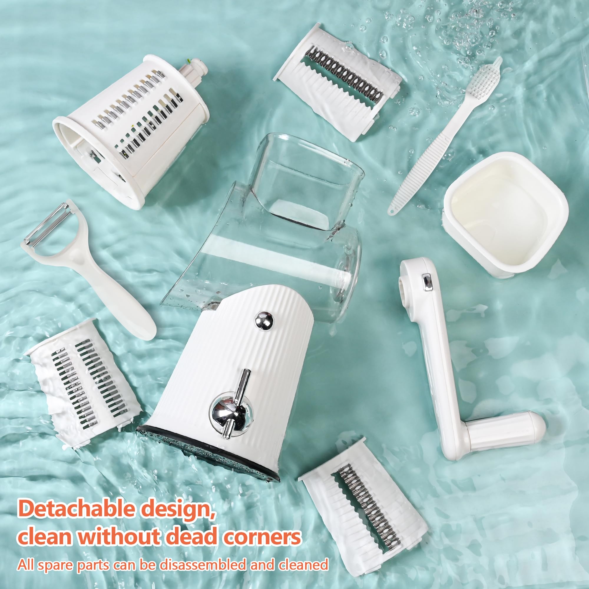 5-Blade Hand Crank Cheese Grater & Vegetable Slicer - White Kitchen Countertop Shredder with Handle, Nut Grinder & Cleaning Brush - Perfect for Pasta, Salads, Baking & Meal Prep