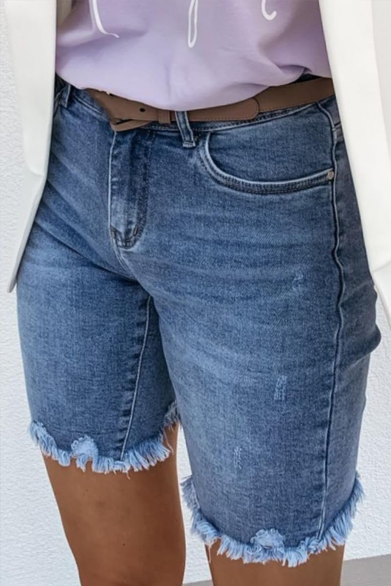 Women's High Waisted Bermuda Jean Shorts - Ripped Tassel Frayed Raw Hem Skinny Washed Denim Shorts with Pockets | Casual Summer Outfit, Beach Vacation, Streetwear Fashion
