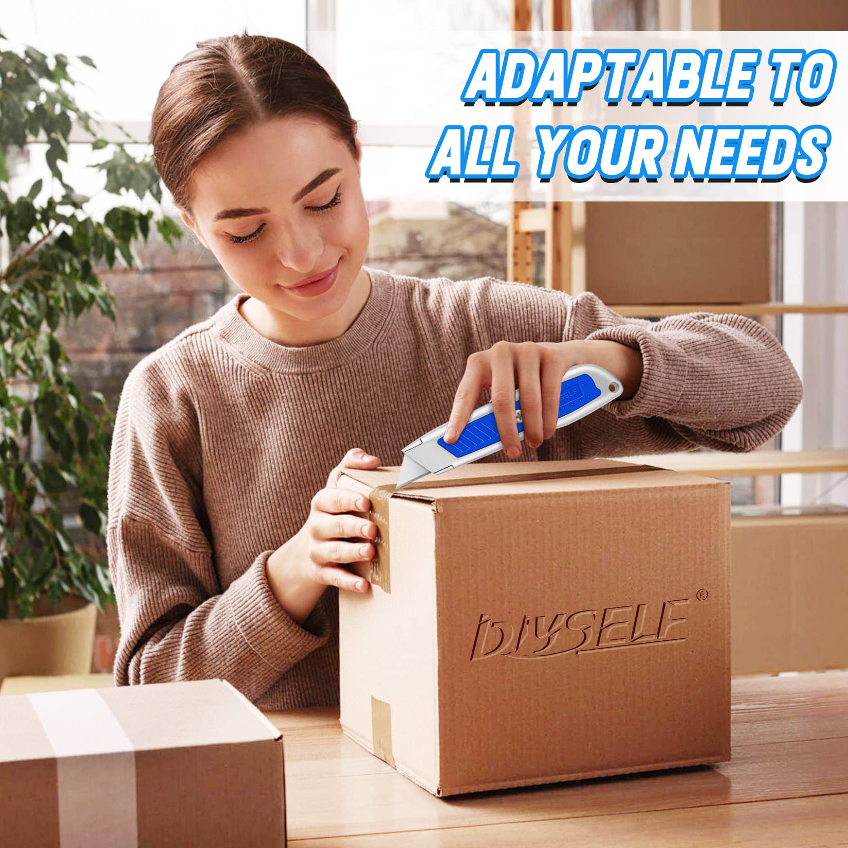DIYSELF 2 Pack Heavy Duty Retractable Utility Knife - Sharp Box Cutter for Carpet, Cardboard, Paper Cutting - Razor Knife with Safety Lock - Perfect for Warehouse, Office, Home, and Craft Projects (Blue)