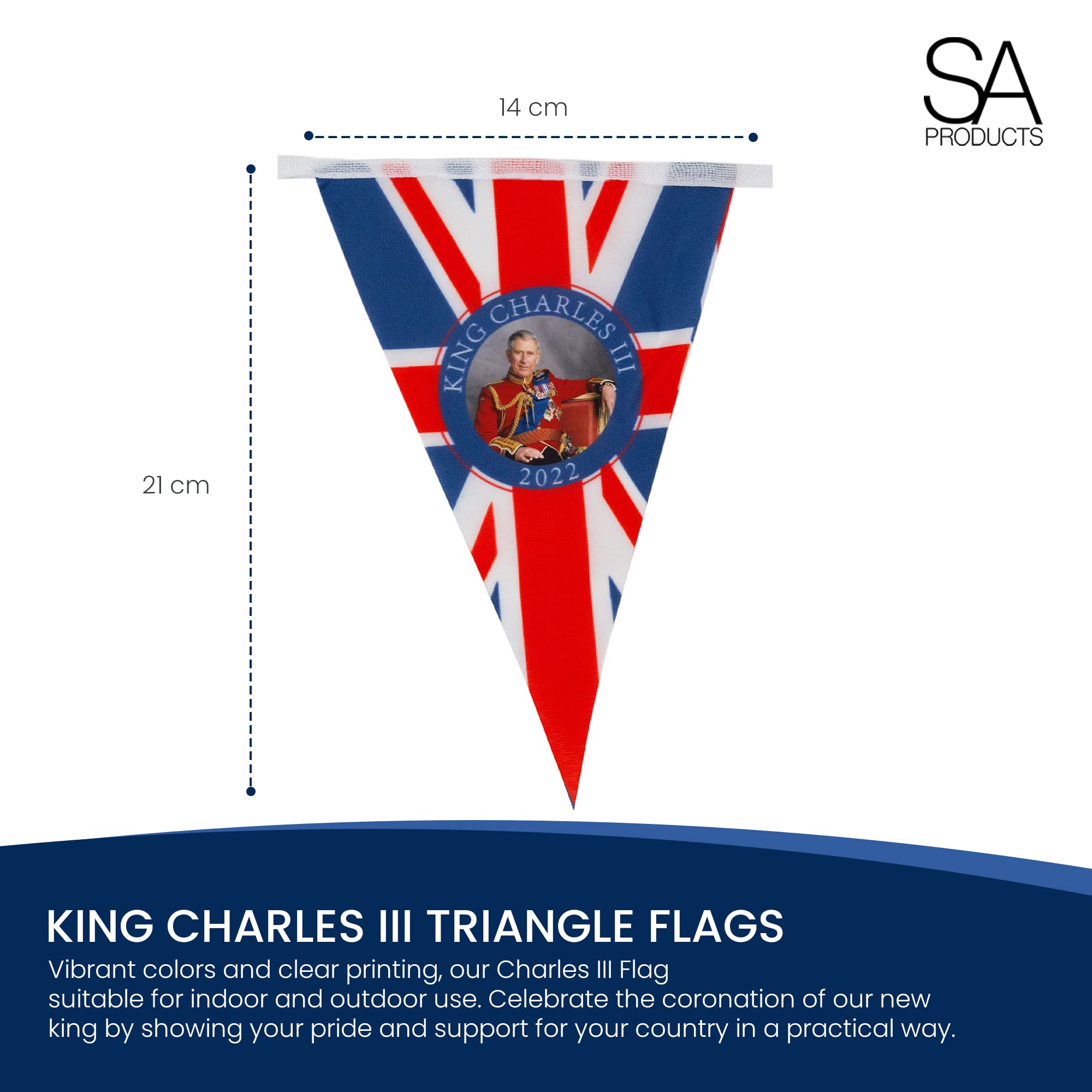 SA Products King Charles Coronation Decorations - 21x14CM Union Jack Flags (15M Long) - Royal Kings Coronation Party Supplies | Perfect for Home Decor, Street Parties & British Themed Events