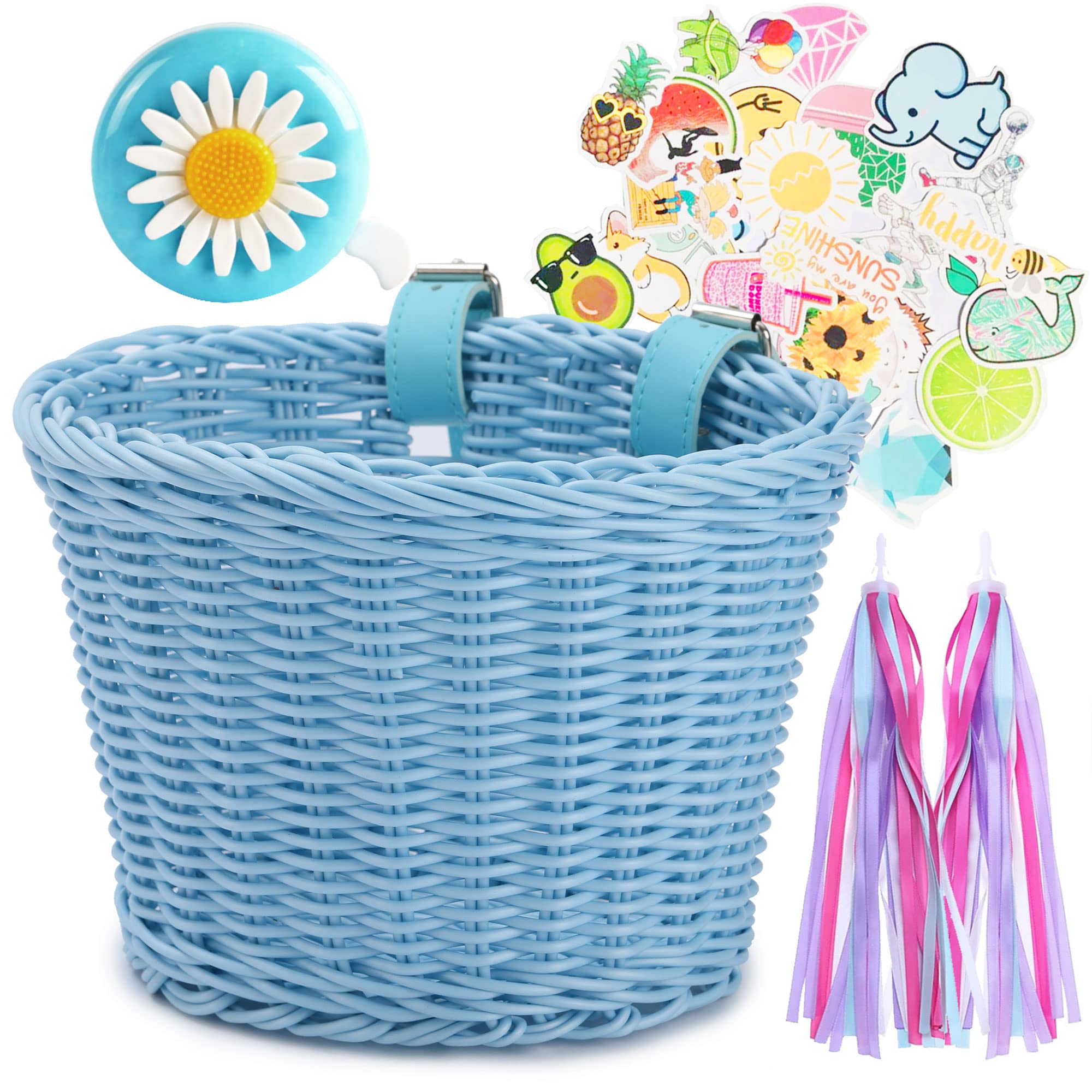 Girls Bike Basket - Front Woven Wicker Bicycle Basket with Handlebar Streamers & Bell for Kids Ages 3-12 - Perfect for School, Picnics & Neighborhood Rides - Fits Most Cruiser Bikes