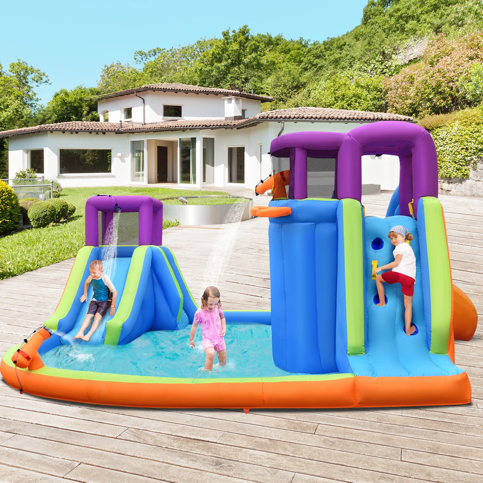 BOUNTECH 15x14.5FT Inflatable Water Slide Park with Dual Slides & Climbing Wall - Mega Outdoor Water Slide for Kids, Splash Pool, Backyard Party Fun - Perfect for Summer Gatherings, Birthday Parties and Family Outdoor Activities