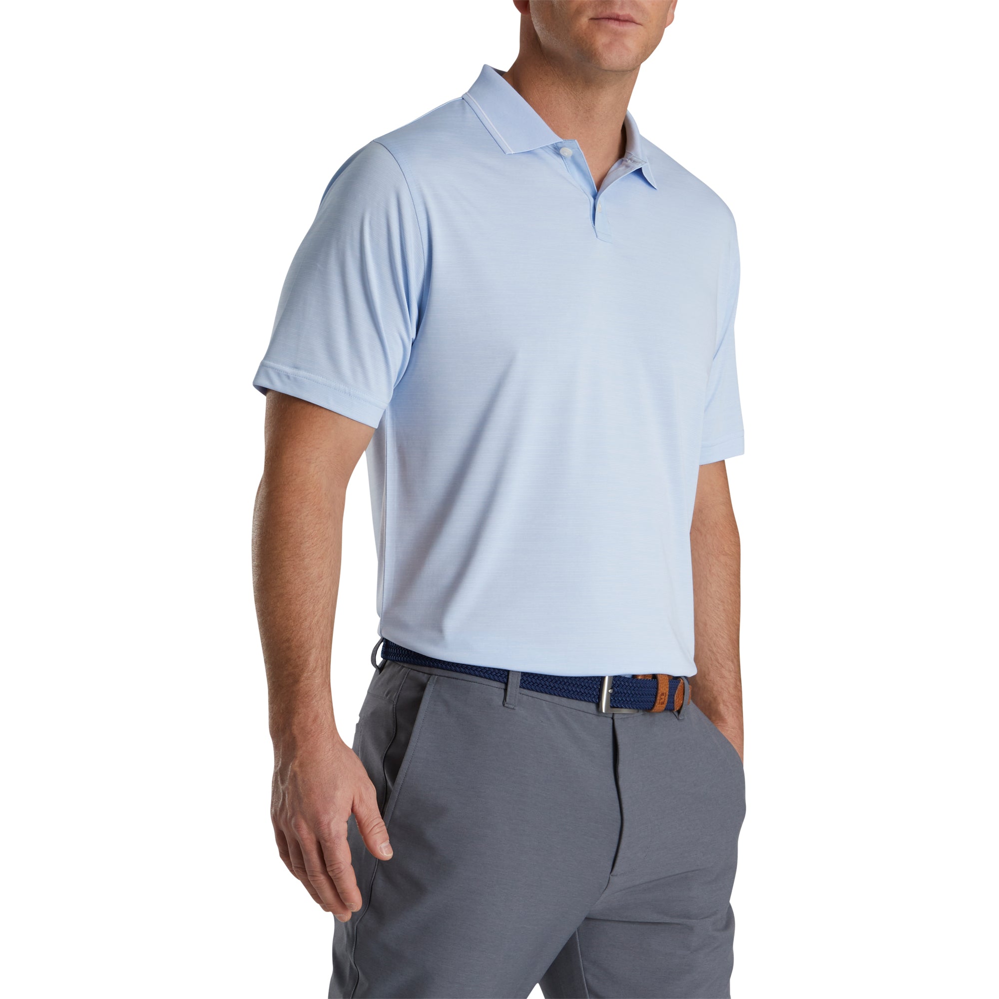FootJoy Lisle Broken Pinstripe Sky White Men's Golf Polo Shirt - Moisture-Wicking & UV Protection for Comfortable Summer Golfing & Outdoor Activities