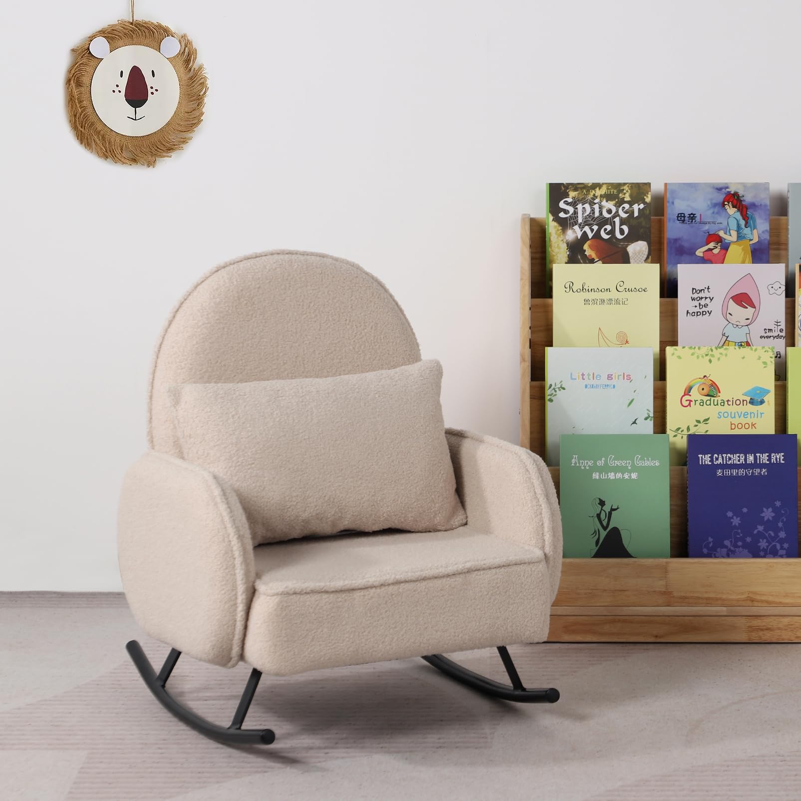 Baby Rocking Chair for Toddlers - Kids Rocking Armchair with Shaky Metal Base & Soft Sherpa Fabric - Cozy Nursery Rocker for Boys & Girls (Beige) | Perfect for Reading Nook, Bedtime Stories & Playroom Relaxation