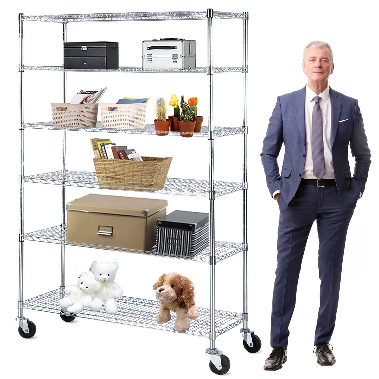 6-Tier Heavy Duty Steel Wire Shelving Rack with Wheels - 48