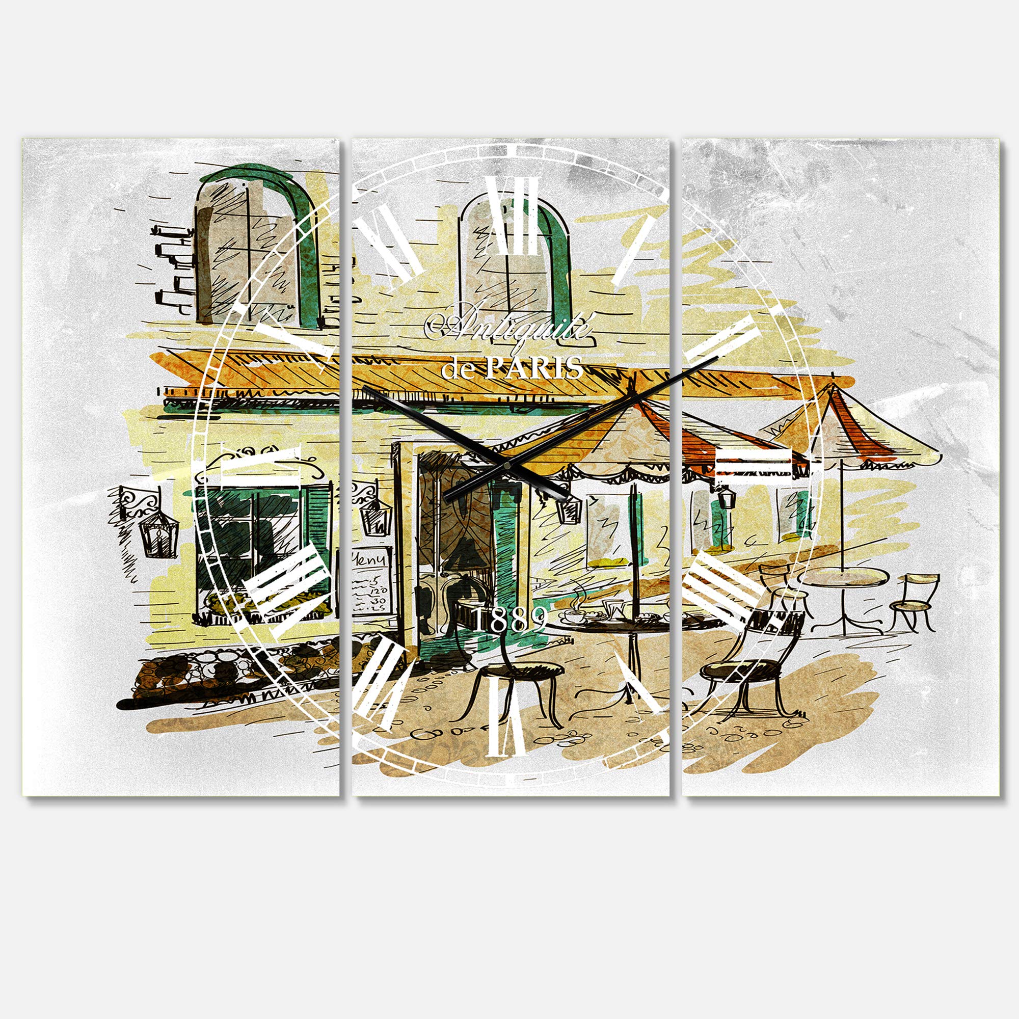 Designart Street Café Wall Art - Mediterranean 3 Panel Metal Wall Clock | Home Decor for Living Room, Bedroom, Office | Rustic Wall Clock for Kitchen, Dining Room & Café Decor