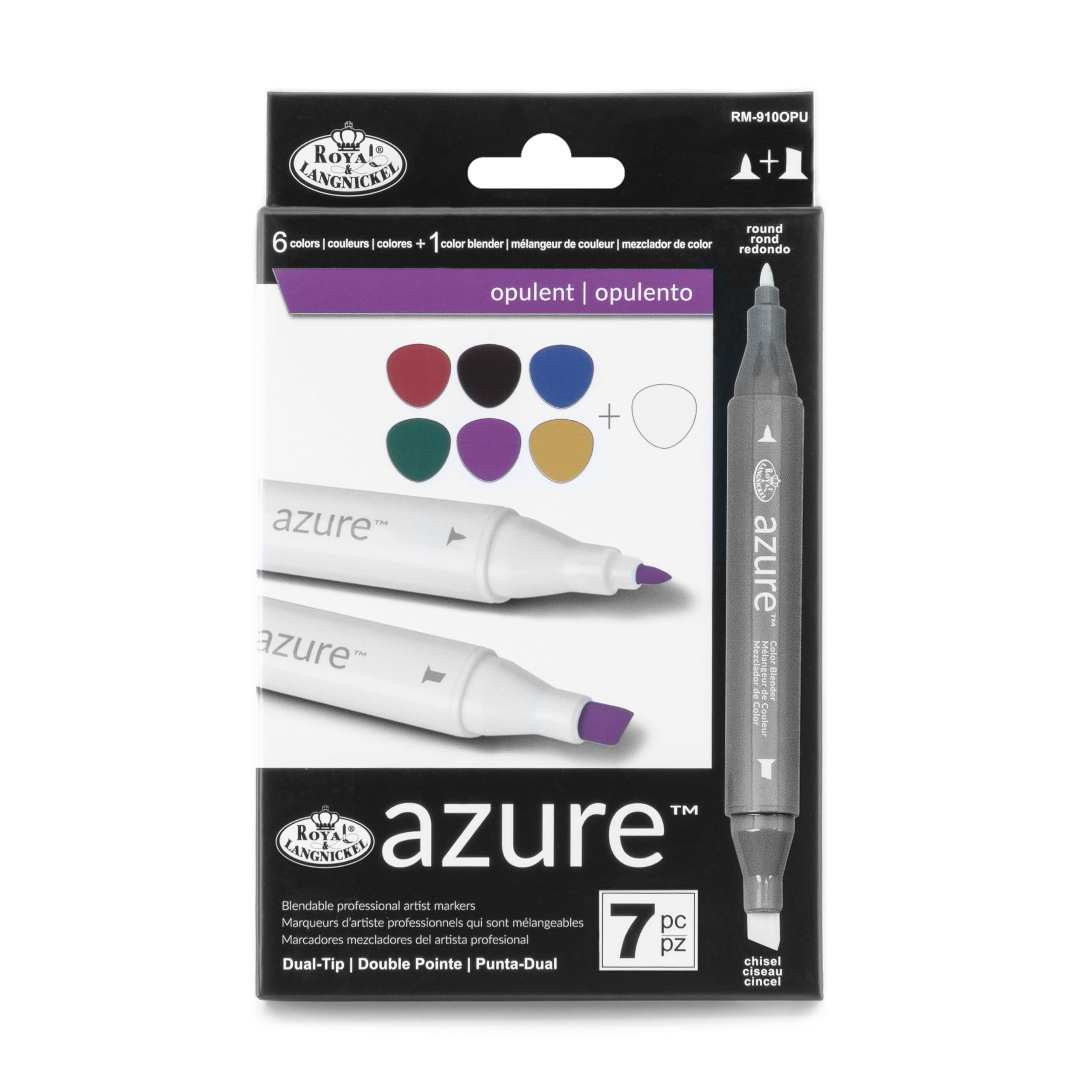 Royal & Langnickel Azure 7-Piece Dual-Tip Alcohol-Based Marker Set - 6 Vibrant Markers + 1 Blender for Artists, Illustrators & Crafters - Perfect for Sketching, Manga, Calligraphy & DIY Projects