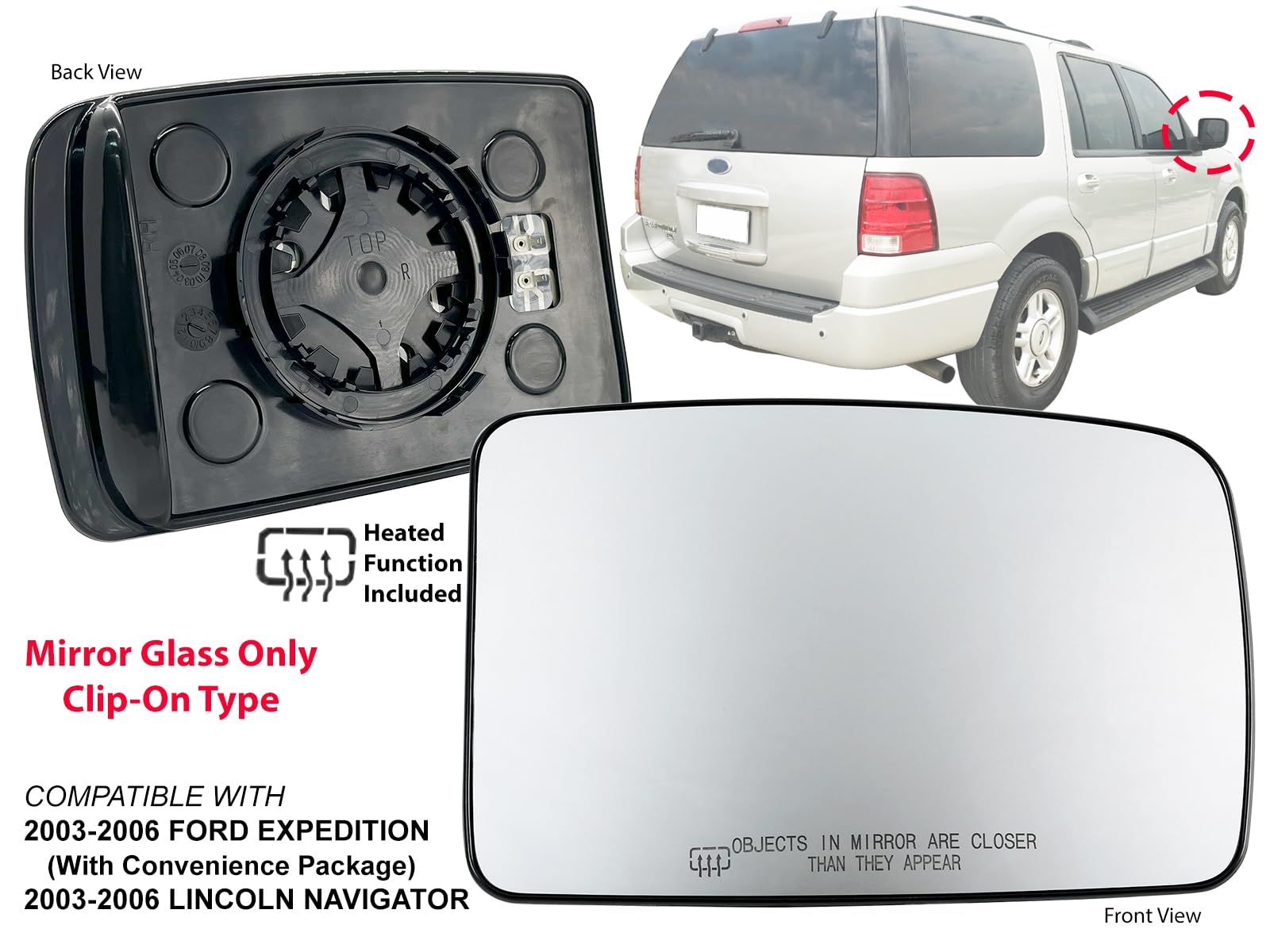2003-2006 Ford Expedition & Lincoln Navigator Passenger Side Power Heated Exterior Rear View Mirror Replacement Glass - Right Side 2L1Z17K707AB FO1325143 - Perfect for Winter Driving, Defrosting & Enhanced Visibility