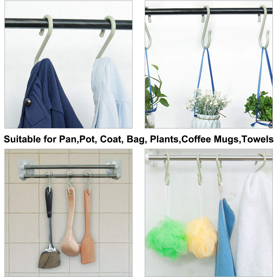 uxcell 4 Pack S-Shaped Plastic Hooks - Heavy Duty Hangers for Kitchen, Bathroom, Closet - Organize Pots, Pans, Cups, Utensils, Clothes & Towels (Light Green) - Perfect for Space Saving Storage & Home Organization