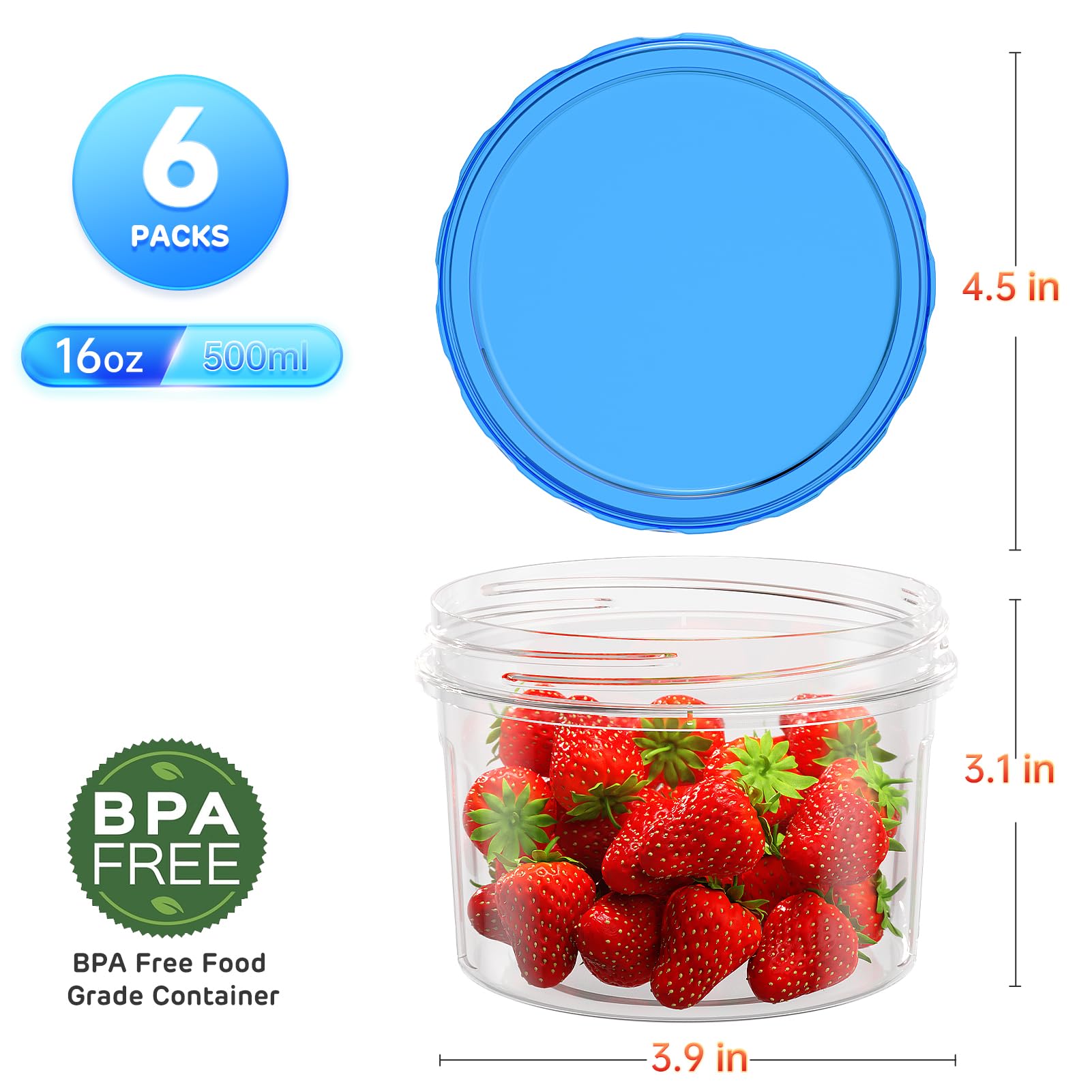 6-Pack 16 Oz Airtight Freezer Storage Containers with Twist Top Lids - BPA Free, Stackable, Leakproof Plastic Food Containers for Meal Prep, Soup & Leftovers | Microwave & Dishwasher Safe | Perfect for Kitchen Organization & Food Preservation