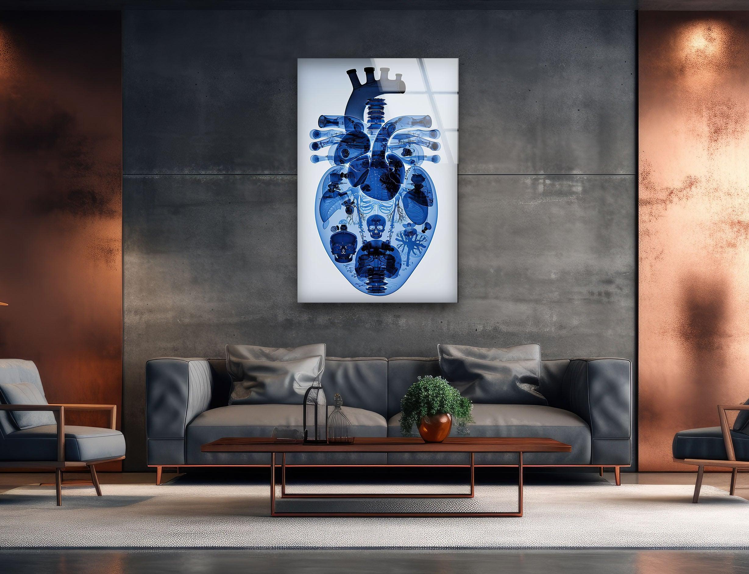 Blue Mechanical Heart Glass Wall Art - Elegant Home Decor for Living Room, Bedroom & Office - Perfect Gift for Valentine's Day & Anniversaries