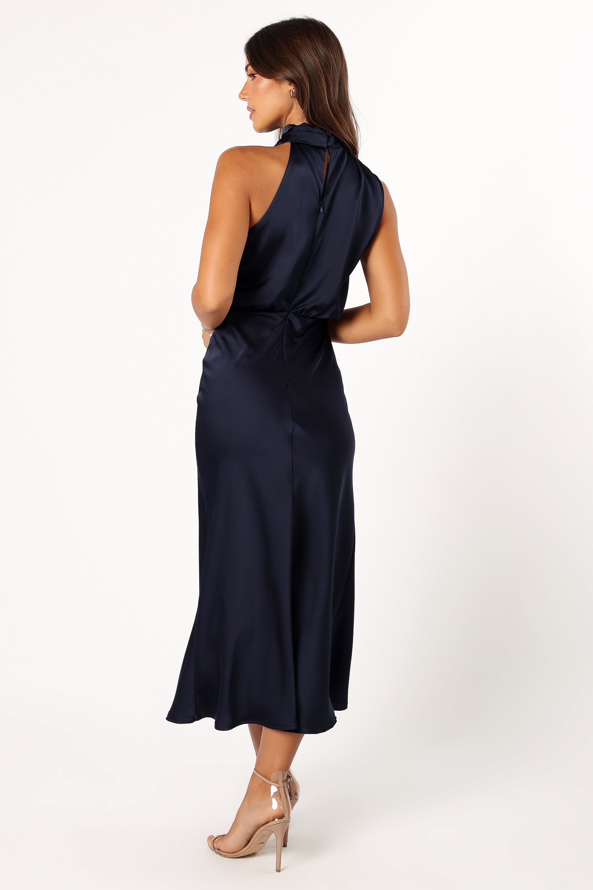 Anabelle Women's Halter Neck Midi Dress - Navy Blue Flowy Summer Dress for Beach, Wedding & Party Occasions