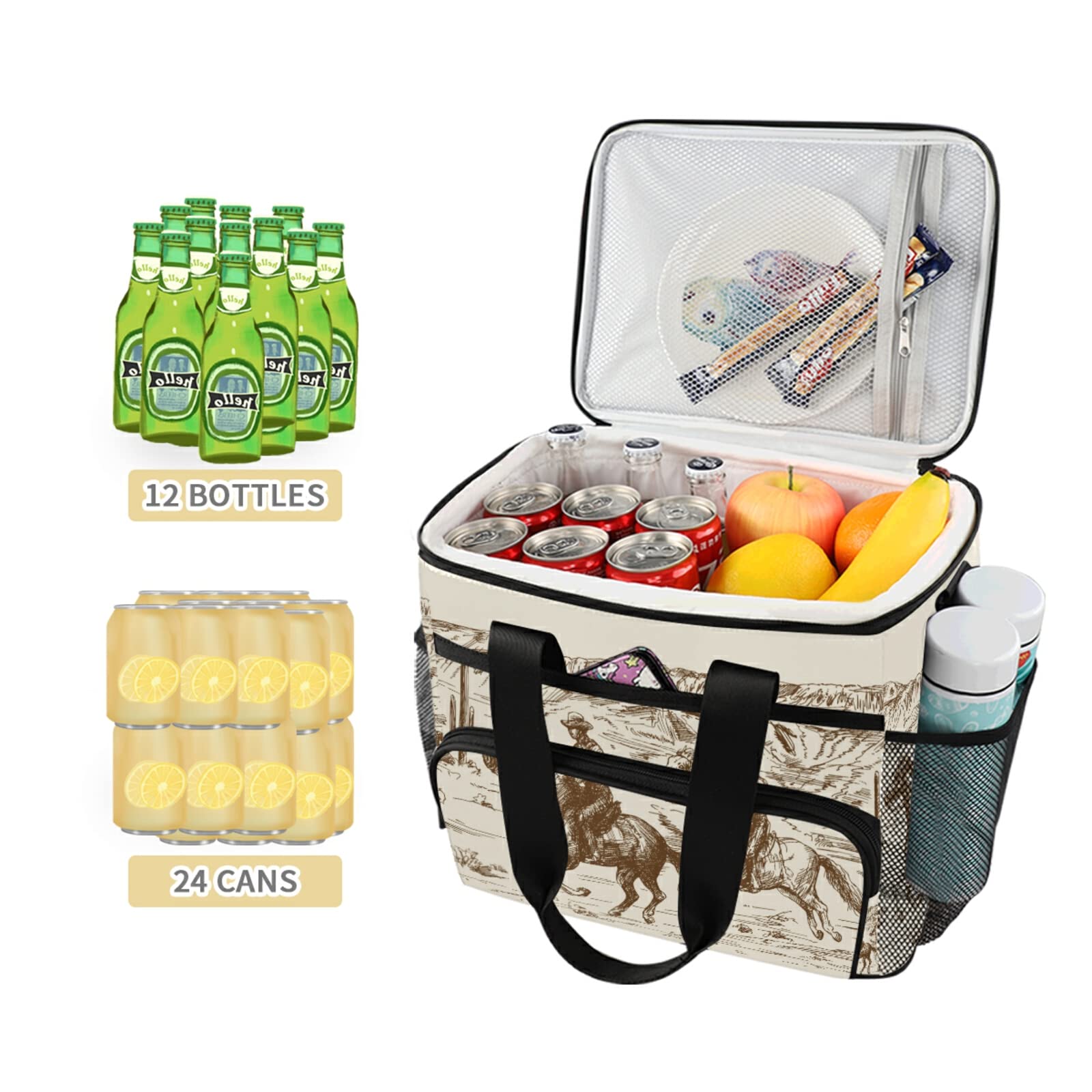 Xigua Large Insulated Cooler Bag - 15L (24 Can) Western Desert Cowboy Style Lunch Tote for Outdoor Picnics, Camping, Beach Trips & Grocery Shopping - Leakproof Thermal Food Carrier for Work, School & Travel