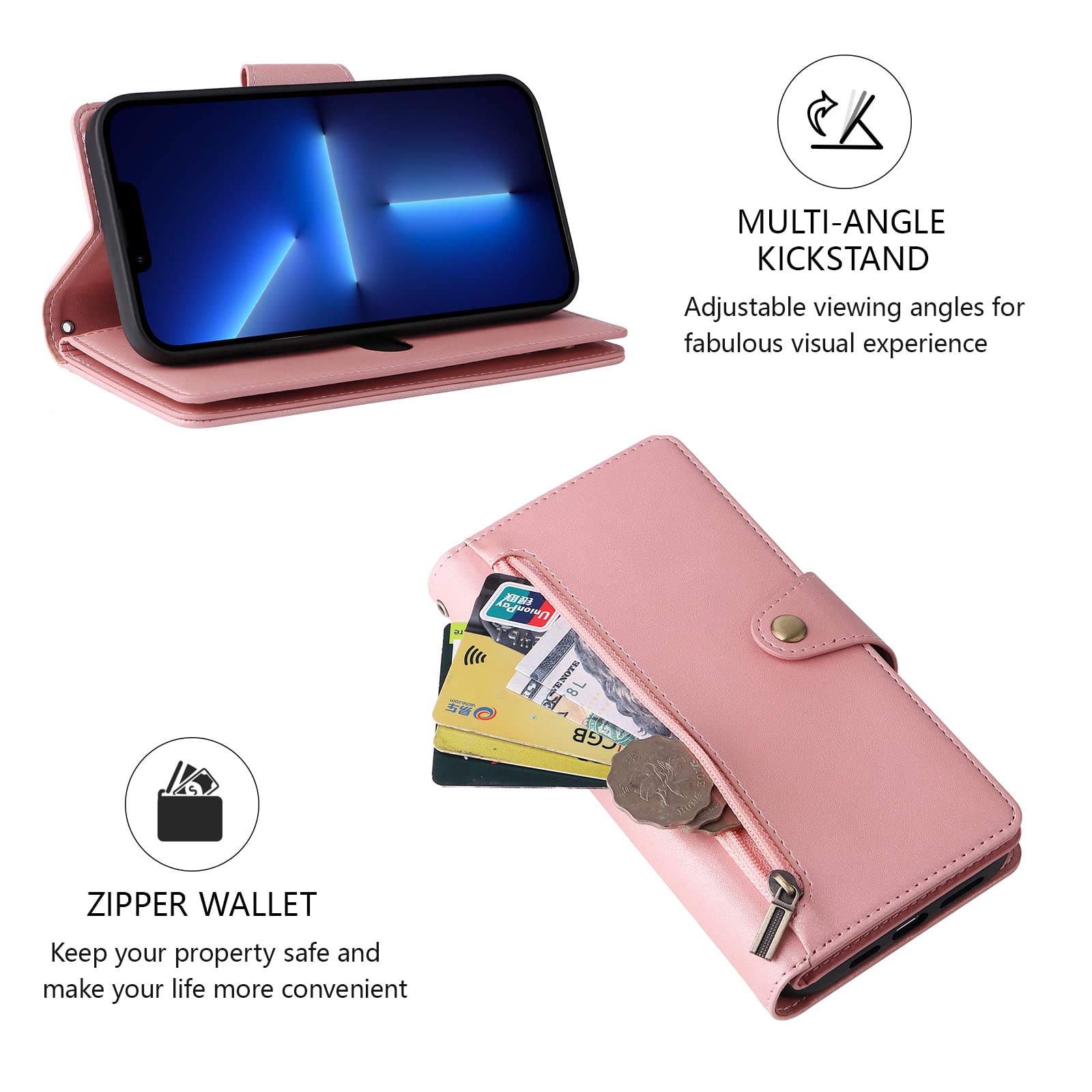 Premium PU Leather Wallet Case for iPhone 13 (6.1 Inch) with Card Slots, Magnetic Closure & Kickstand - Shockproof Flip Cover with Wrist Strap - Perfect for Daily Use, Travel & Hands-Free Viewing (Pink)