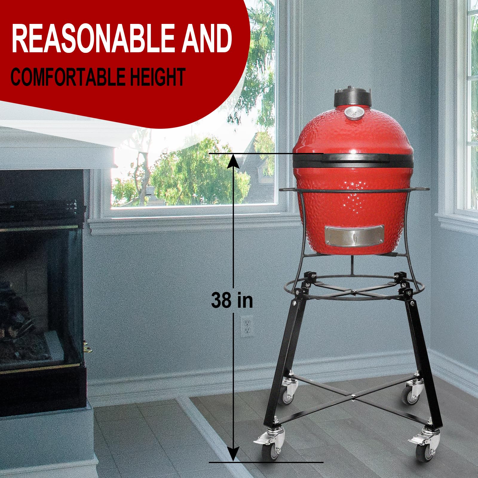 Kamado Joe Jr Rolling Cart with Wheels - Heavy Duty Cast Iron Grill Stand for Kamado Joe Junior Accessories | Portable Outdoor BBQ Cart for Patio, Backyard, and Camping
