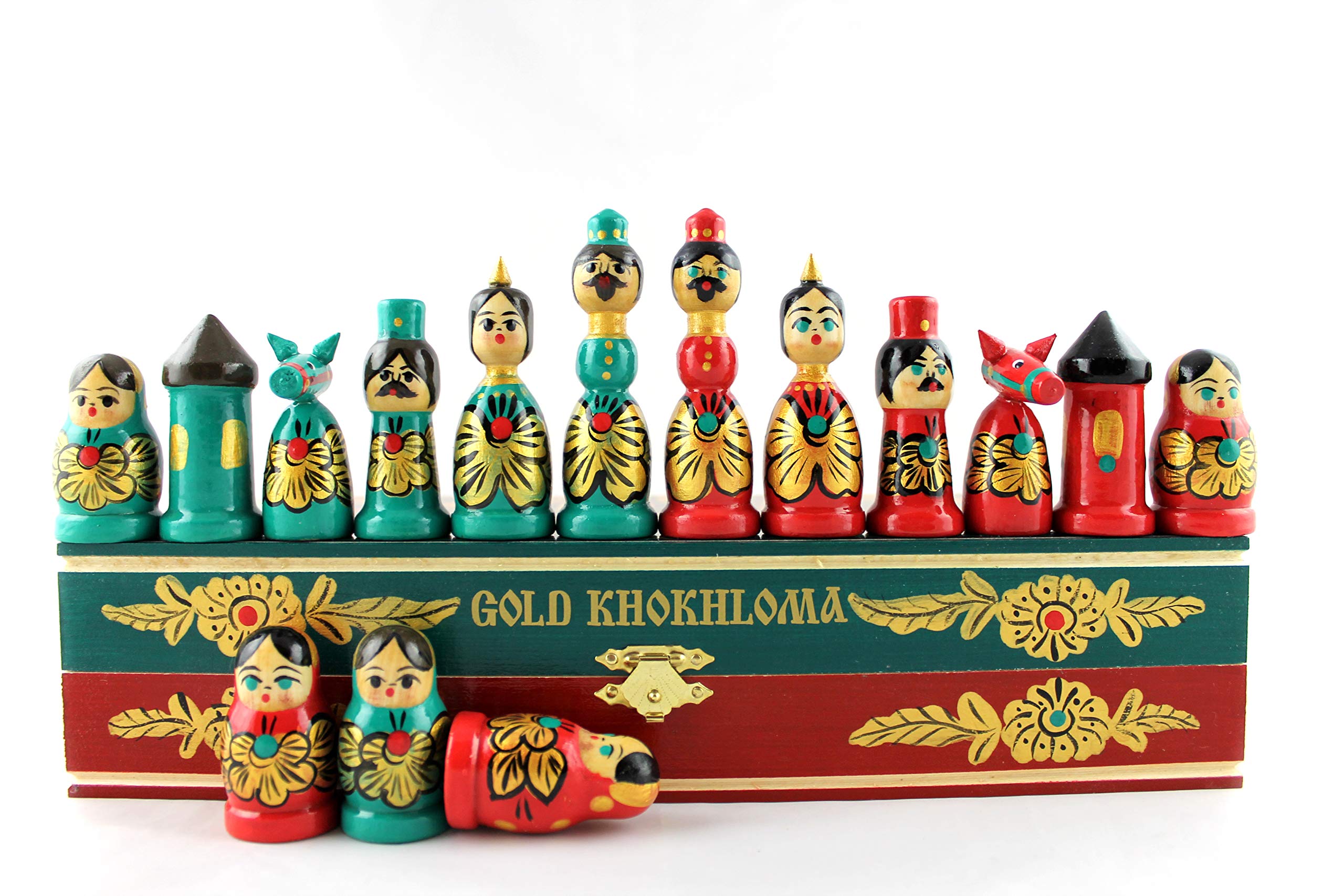 Hand-Painted Khokhloma Chess Set - Traditional Russian Wooden Chess Board with Folk Art Design | Perfect for Home Decor, Gift & Collectors