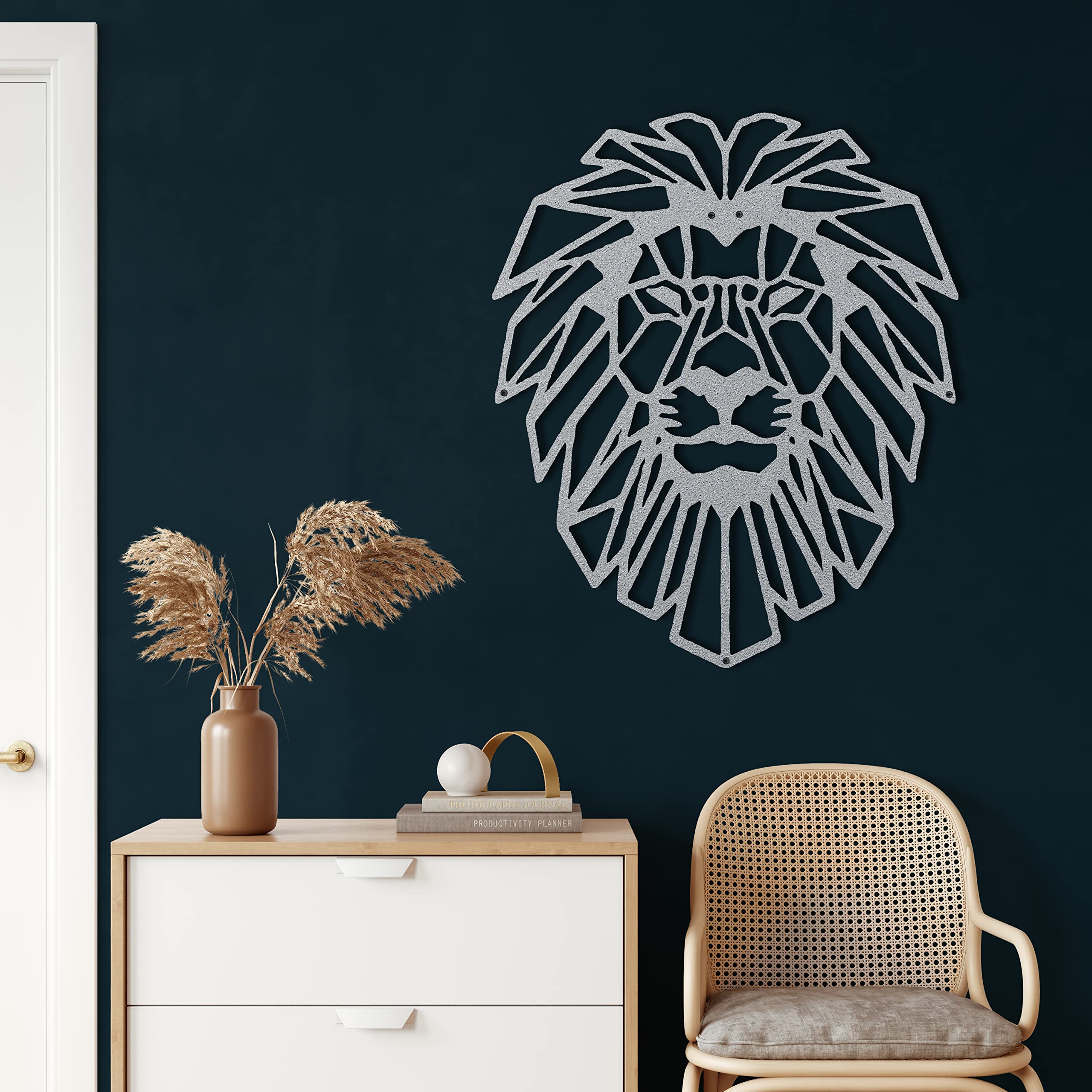 DEKADRON Geometric Lion Head Metal Wall Art - 63x75cm Silver Modern Home Decor for Living Room, Bedroom, Office - Indoor & Outdoor Metal Wall Sign for Stylish Interior Decoration
