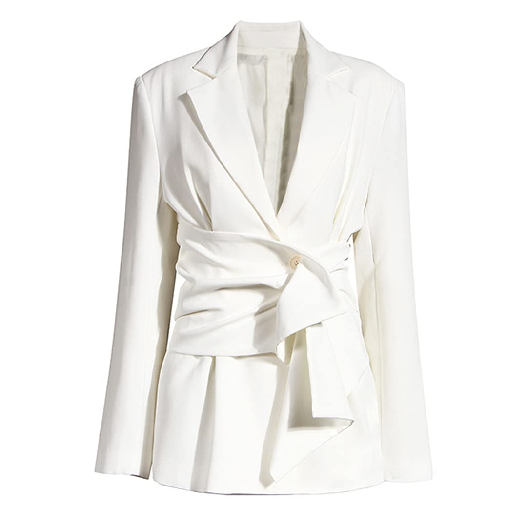 Women's White Bow Knot Split Hem Blazer Jacket - Asymmetrical Lapel Long Sleeve Loose Fit Coat for Fall | Office Wear, Casual Outfits, Date Night & Special Occasions