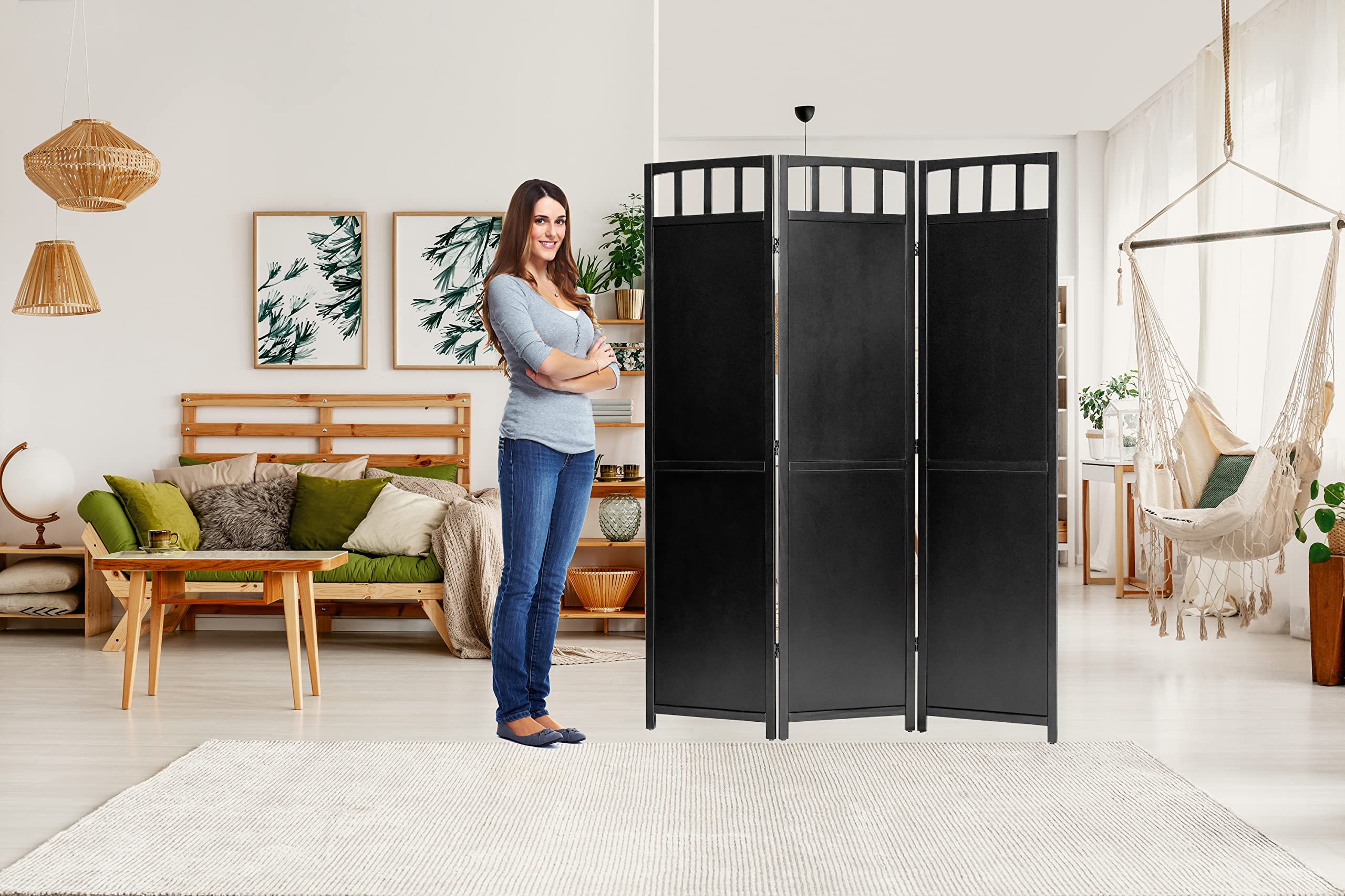 Legacy Decor 3-Panel Solid Wood Privacy Screen Room Divider - 5.8 ft Tall Black Finish for Home Office, Bedroom & Living Room Separation