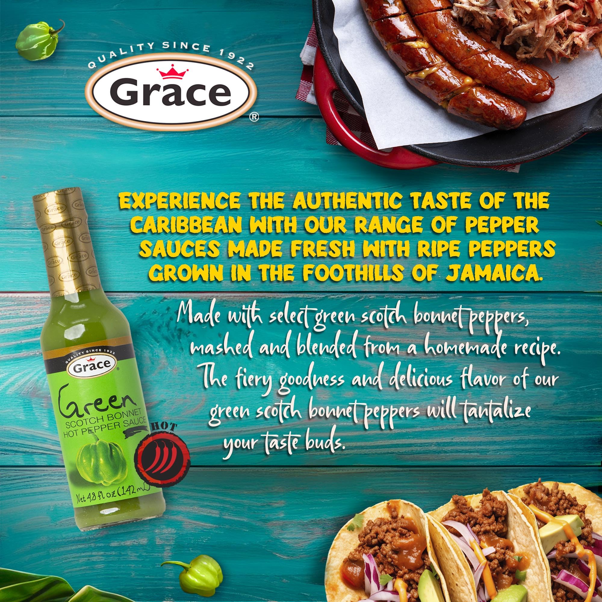 Authentic Jamaican Scotch Bonnet Hot Pepper Sauce 4.8oz - Spicy Grace Green Scotch Bonnet Pepper Sauce for Jerk Chicken, Curry Goat & Caribbean Dishes - Adds Fiery Flavor to Meats, Seafood & Rice