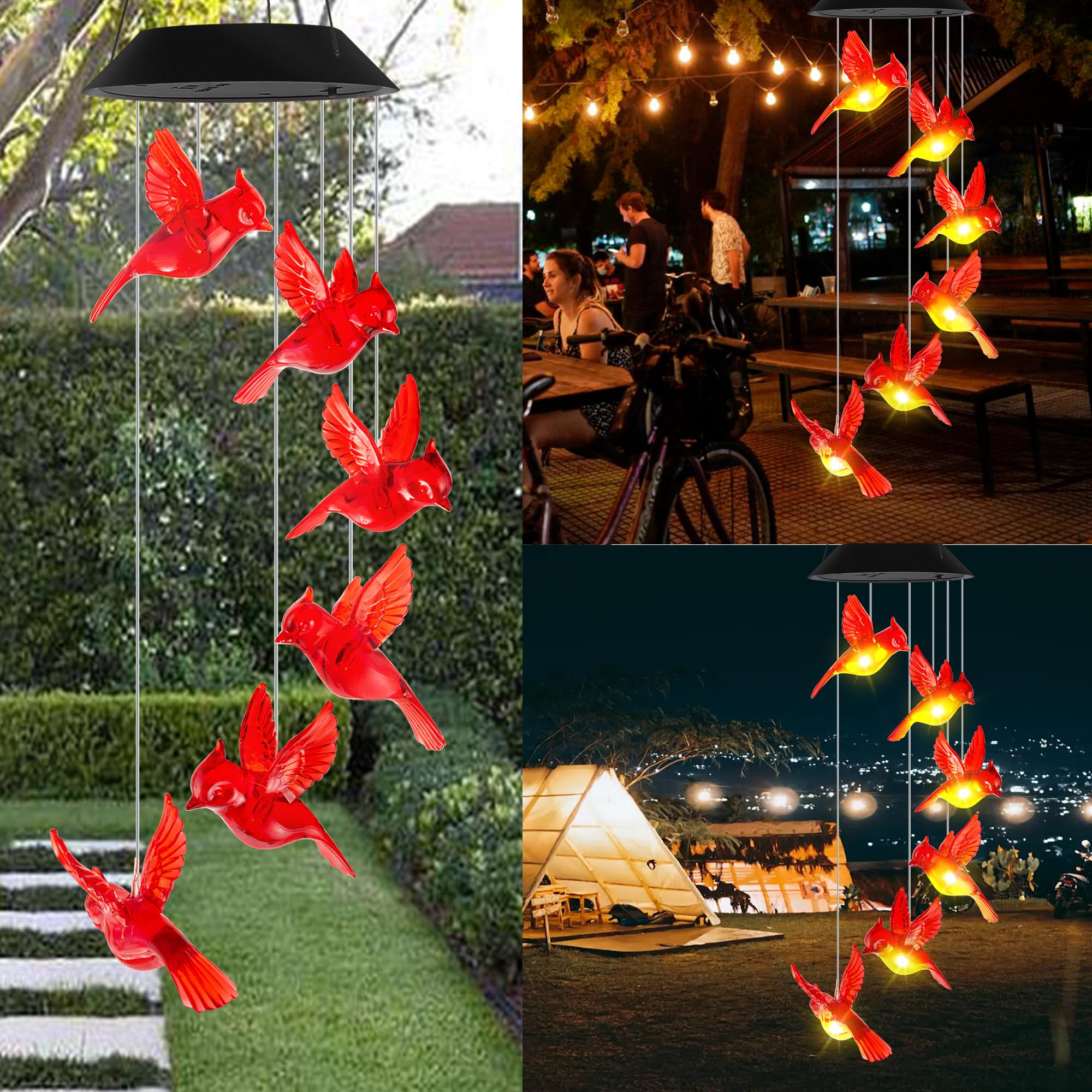 Cardinal Solar Wind Chimes with LED Lights - Outdoor Hanging Decor for Garden, Patio, Yard | Perfect Gift for Women, Mom, Grandma | Solar-Powered Bird Ornament for Relaxing Ambience
