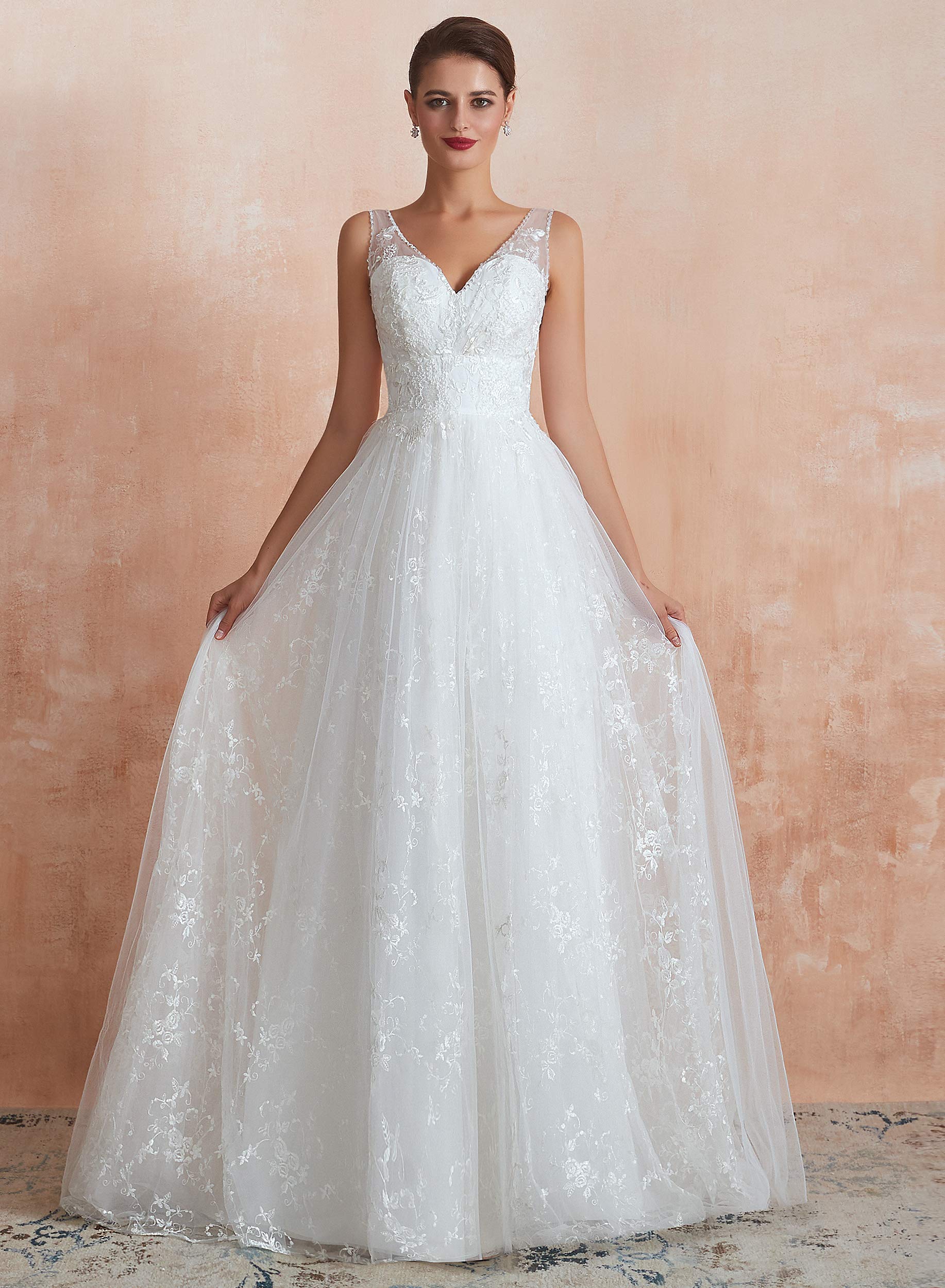 Elegant Women's V-Neck Lace Applique Sleeveless Tulle Wedding Dress | Bridal Gown for Beach, Church & Outdoor Ceremonies