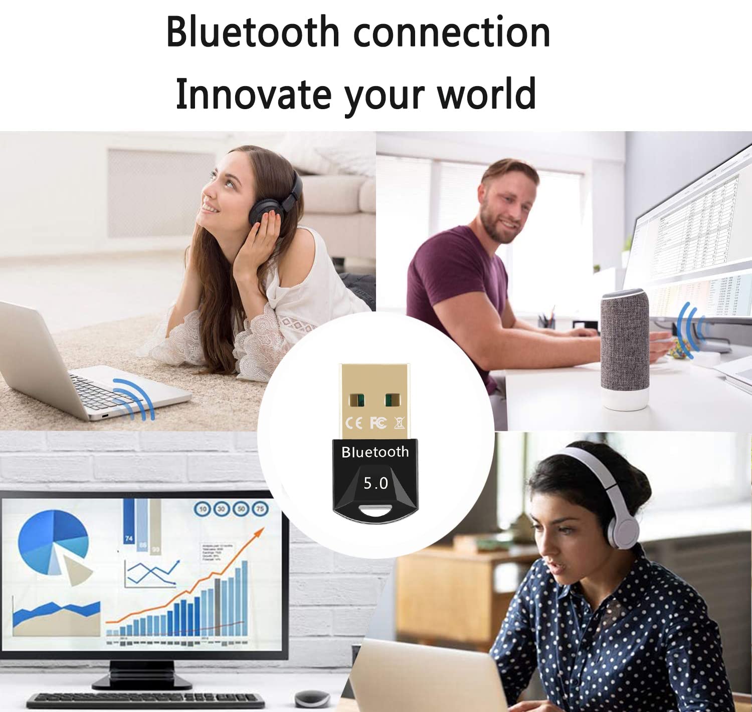 Olakin Bluetooth 5.0 Adapter for PC - Wireless USB Dongle for Headset, Keyboard, Mouse | Windows 11/10/8 Compatible