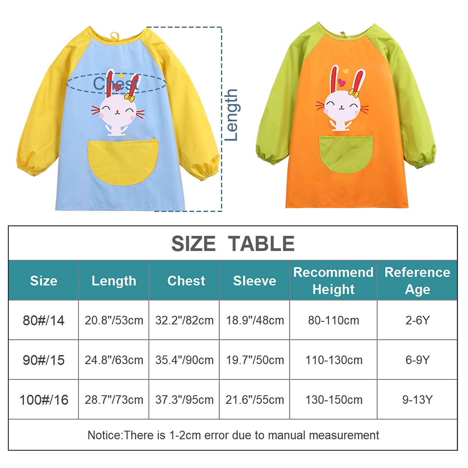 Happy Cherry Kids Long Sleeve Waterproof Bib Apron - Paint & Food Safe Art Smock for Toddlers, Perfect for Painting, Cooking & Messy Play Activities
