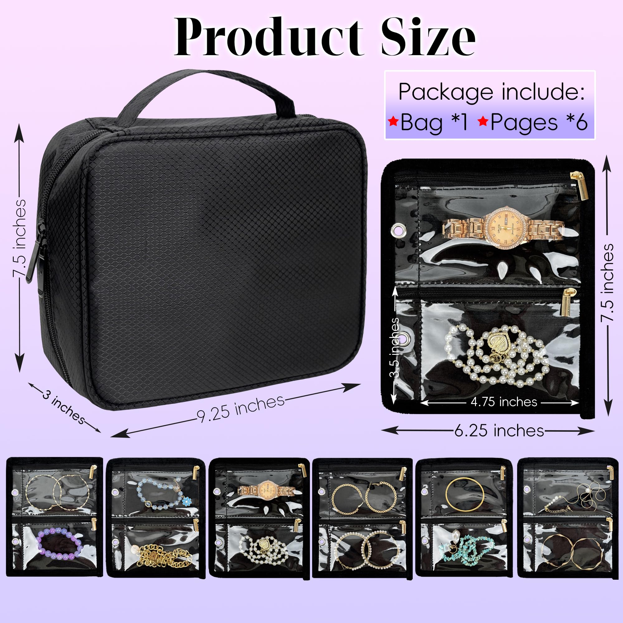 Travel Jewelry Organizer Case - 24 Pcs Clear Zipper Velvet Pouches for Earrings, Rings, Necklace, Bracelet & Watch Storage | Compact Jewelry Binder for Traveling & Organization (Black) - Perfect for Vacations, Business Trips & Daily Use