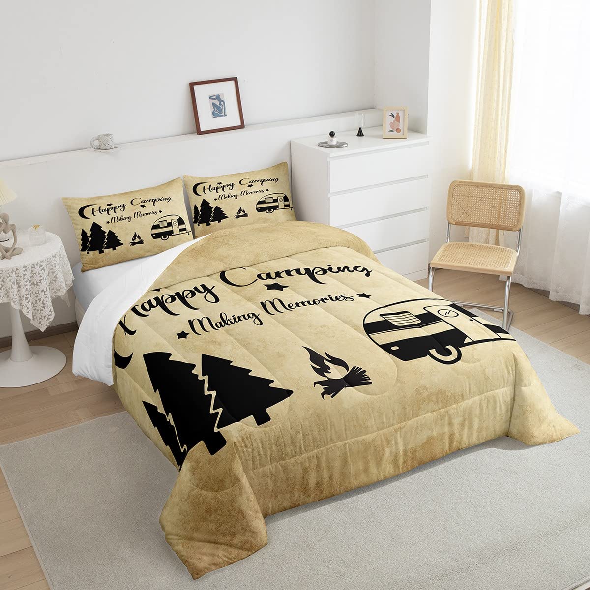 2-Piece Twin Size Camper Bedding Set for Boys, Kids, Teens & Adults - Rustic Farmhouse Style Duvet Cover with Old Barn Door Black Sketch Design - Perfect for Camping Trips, RV Adventures & Cozy Cabin Stays