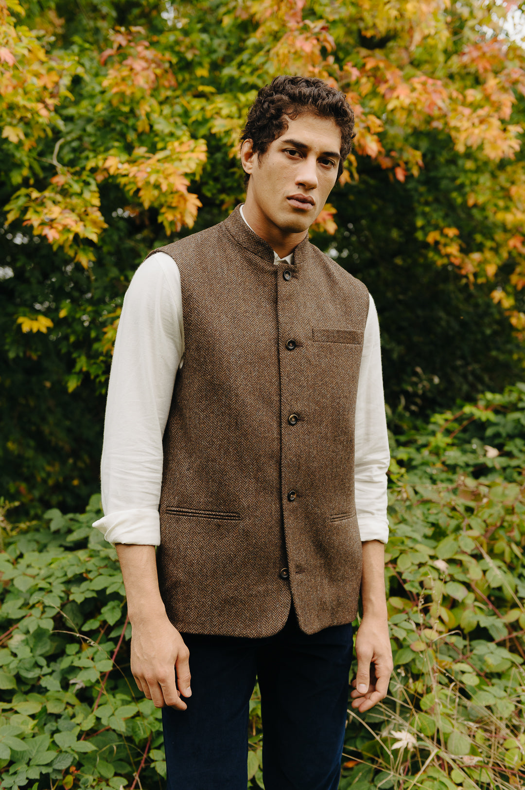 Premium Walnut Herringbone Nehru Waistcoat for Men - Stylish Formal Vest for Weddings, Business & Special Occasions