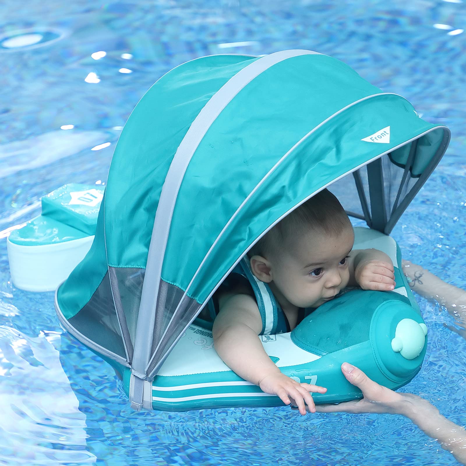 **Mambobaby Upgraded Baby Float with Canopy & Adjustable Safety Strap – Non-Inflatable Infant Swim Trainer Waist Ring for Pool, Beach & Water Play (Green Airplane Design)**