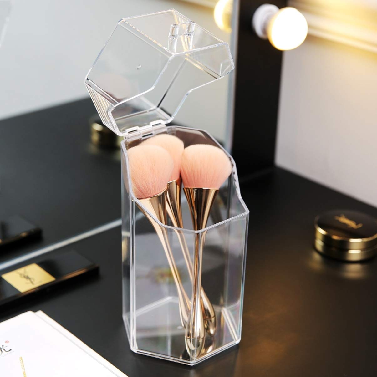 Clear Makeup Brush Holder with Cover - Vanity & Desk Organizer for Beauty Tools