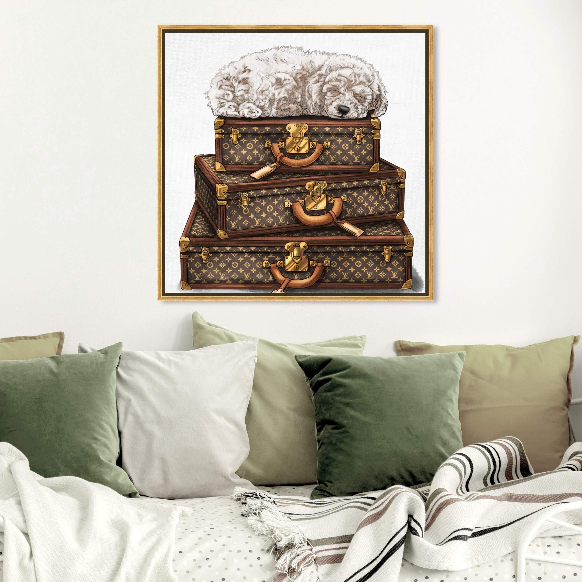 Oliver Gal Artist Co. Framed Wall Art Canvas Print - Sleeping Poodle White - 30x30 Inches Brown & Gold - Fashion Glam Home Decor for Living Room, Bedroom & Office