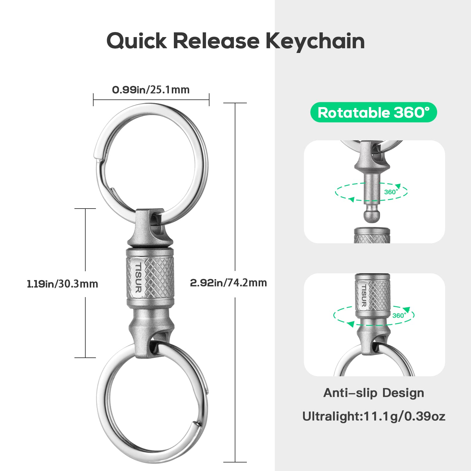 TISUR Titanium Quick Release Keychain - Retractable & Detachable Key Chain Clip with Pull-Apart Key Rings for Men & Women | Perfect for Car Keys, House Keys, and Everyday Carry (EDC) Accessories